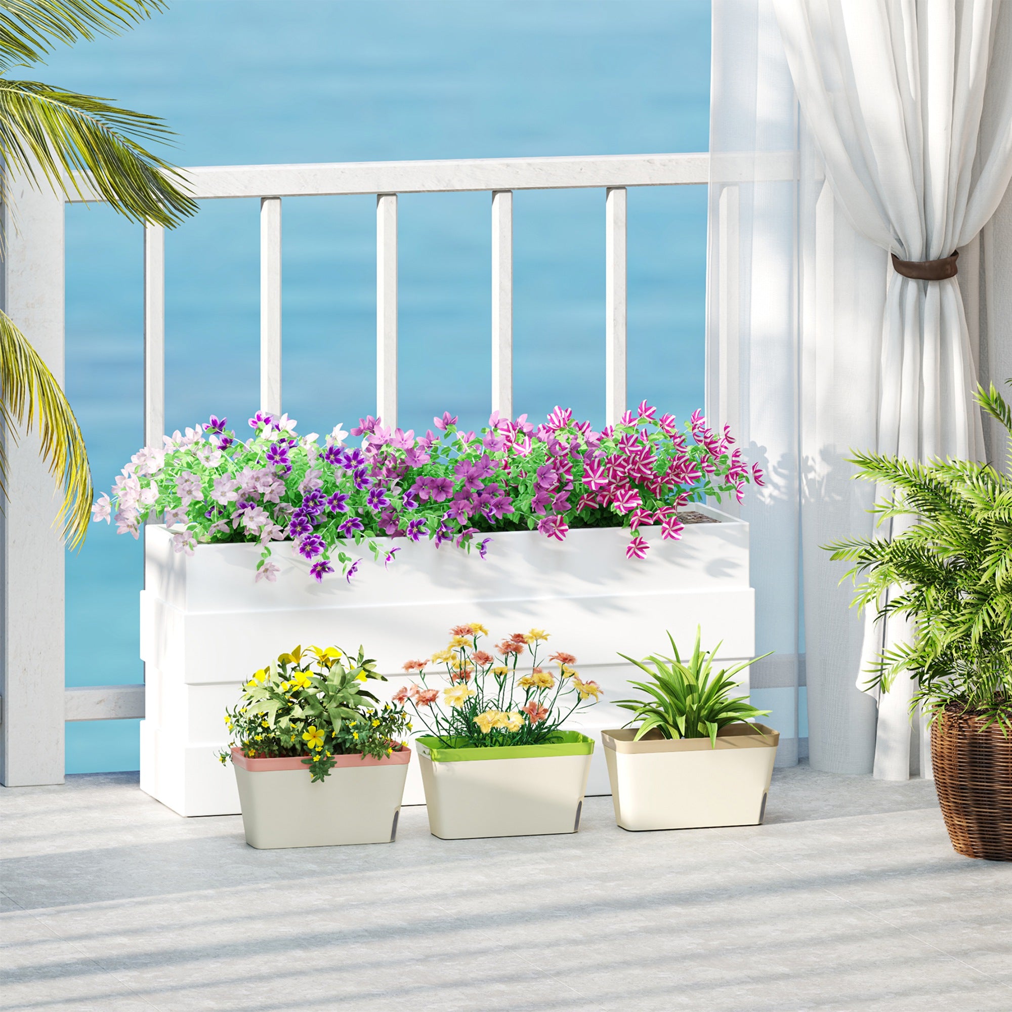 Set of 3 Self Watering Rectangular Plant Pots, 27cm Visual Water Level Window, Plastic