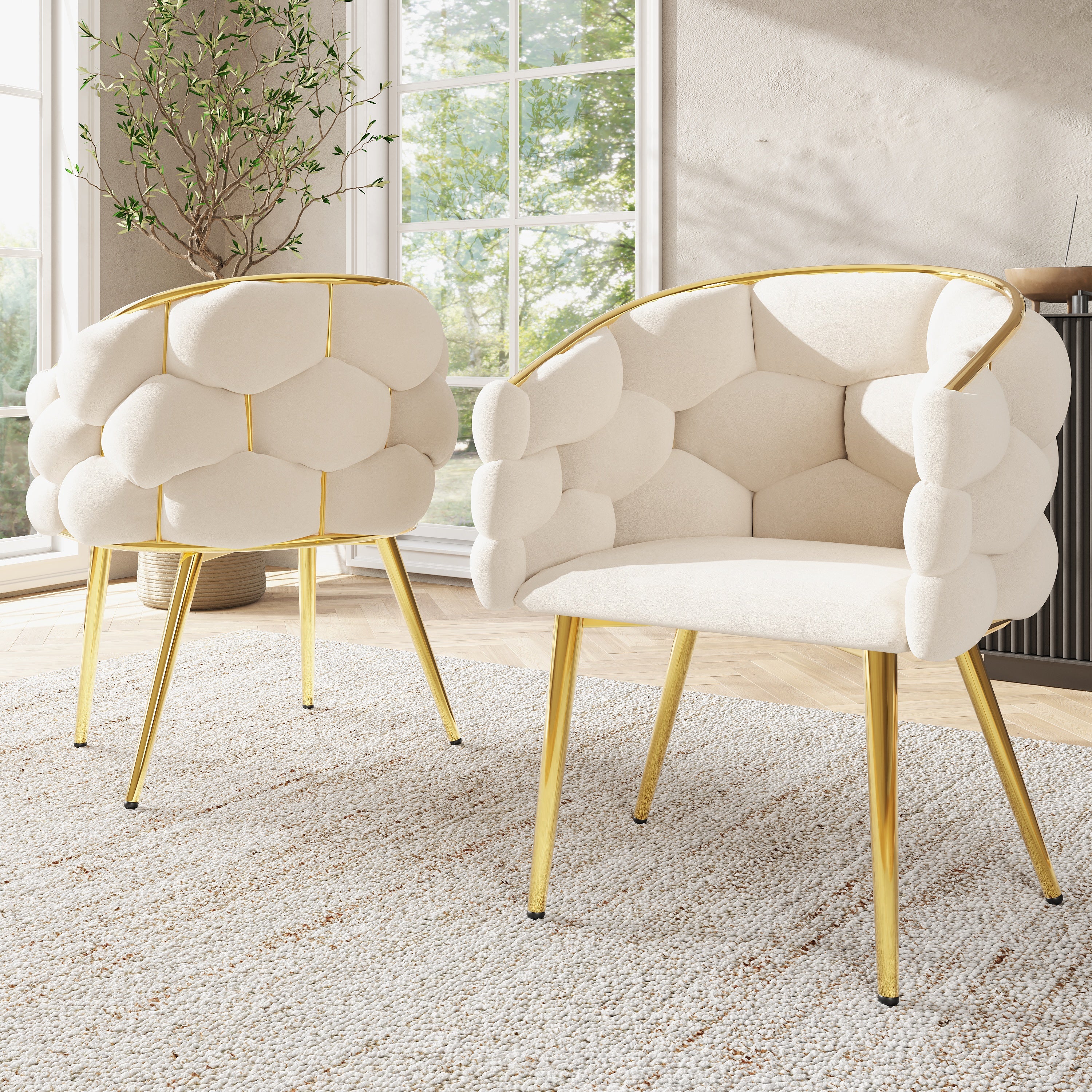 Velvet Chairs (2 Pieces), Ergonomic with Gold-Plated Legs, Beige