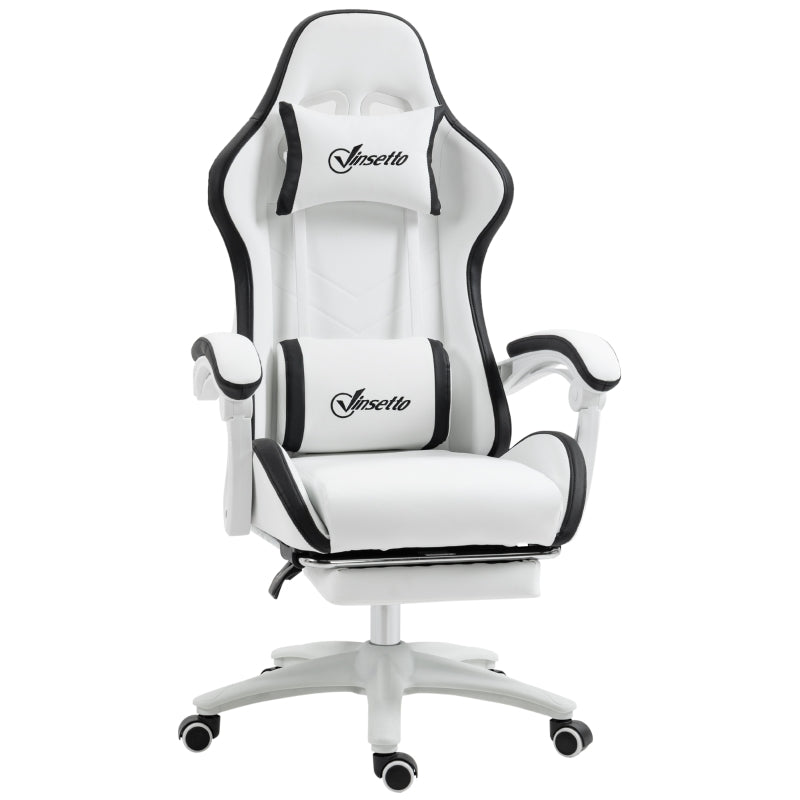 Computer Gaming Chair with Footrest, 135° Reclining Back, Lumbar Support, PU Leather White and Black