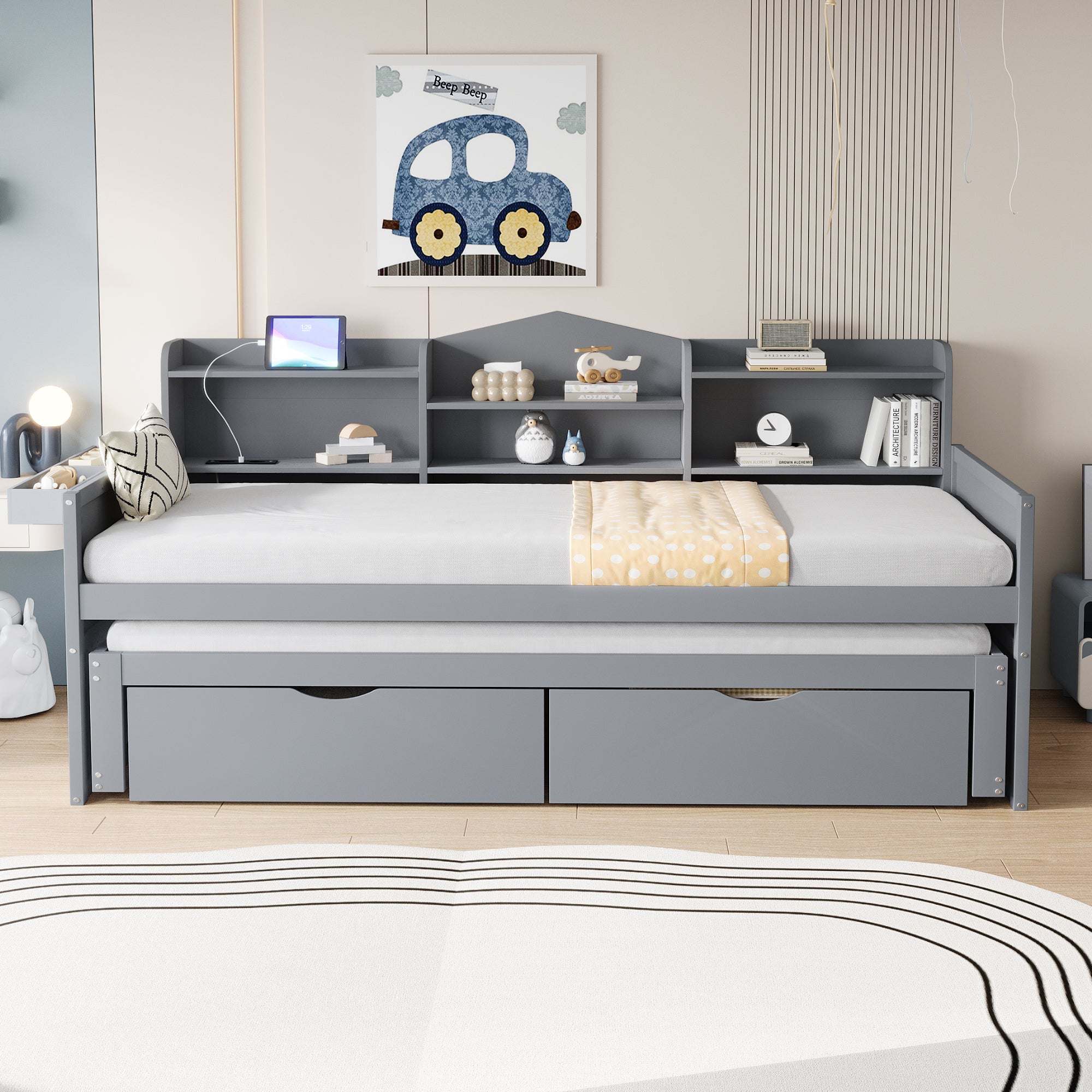 Sofa bed 90*200 with Pull-Out Bed, Drawers & USB Socket, Wood, Gray