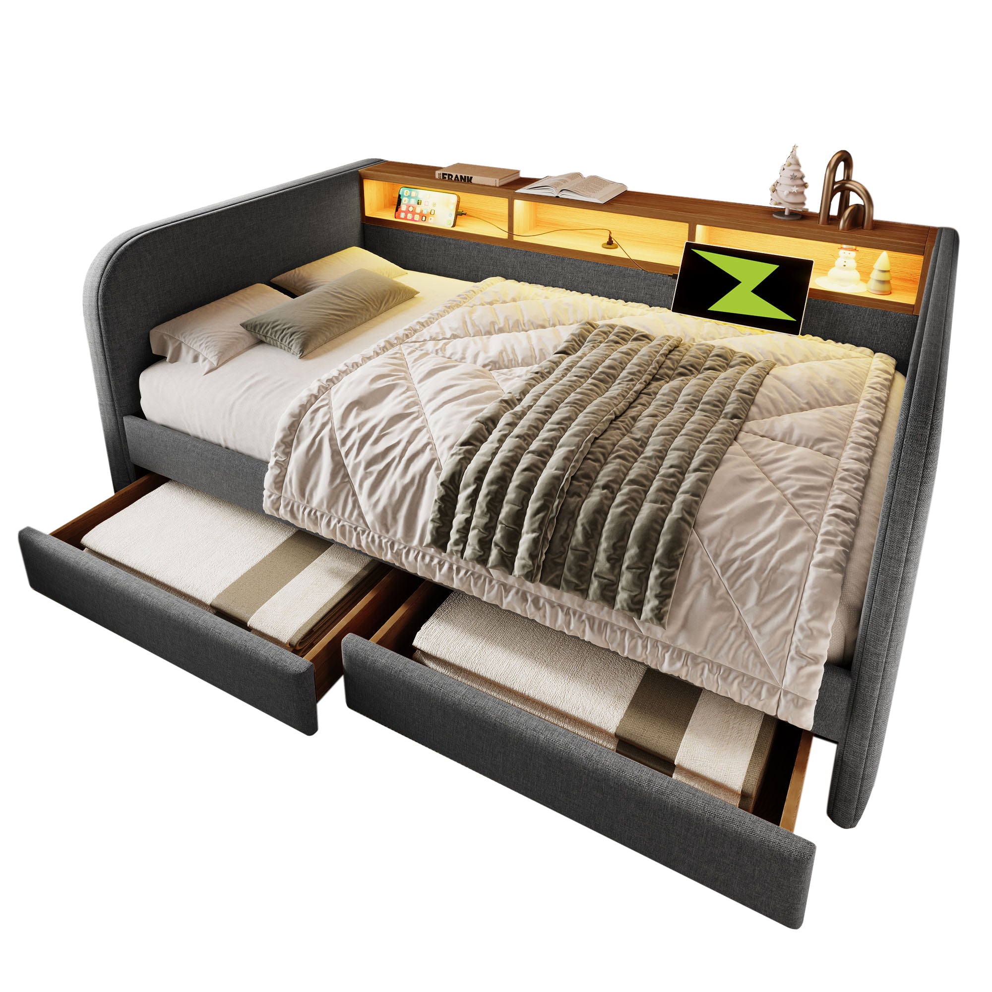 Upholstered Daybed, 140x190cm Sofa Bed with LED, USB-C & Storage, Grey Linen