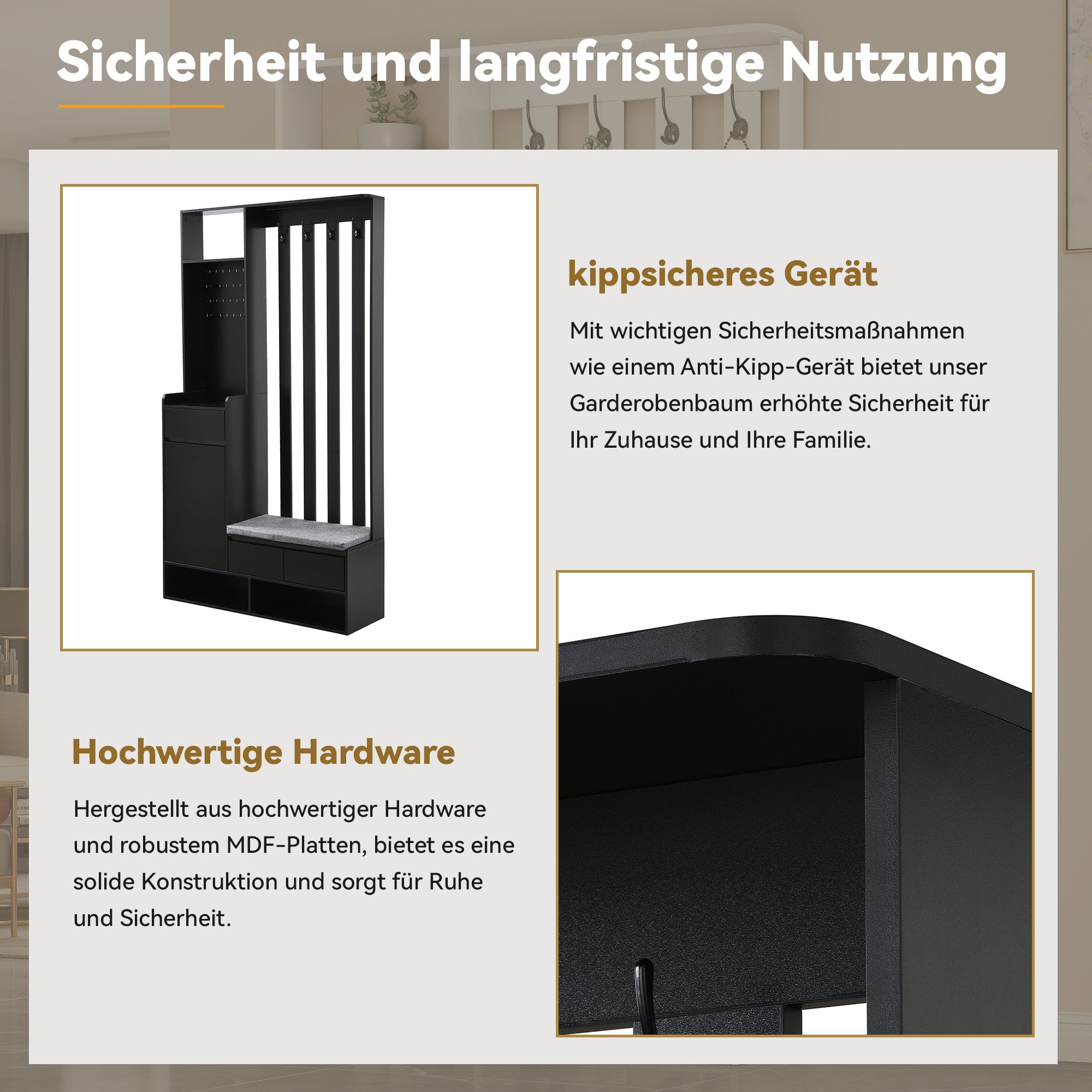 Hallway coat rack with padded storage bench and pegboard, 4 hooks, black