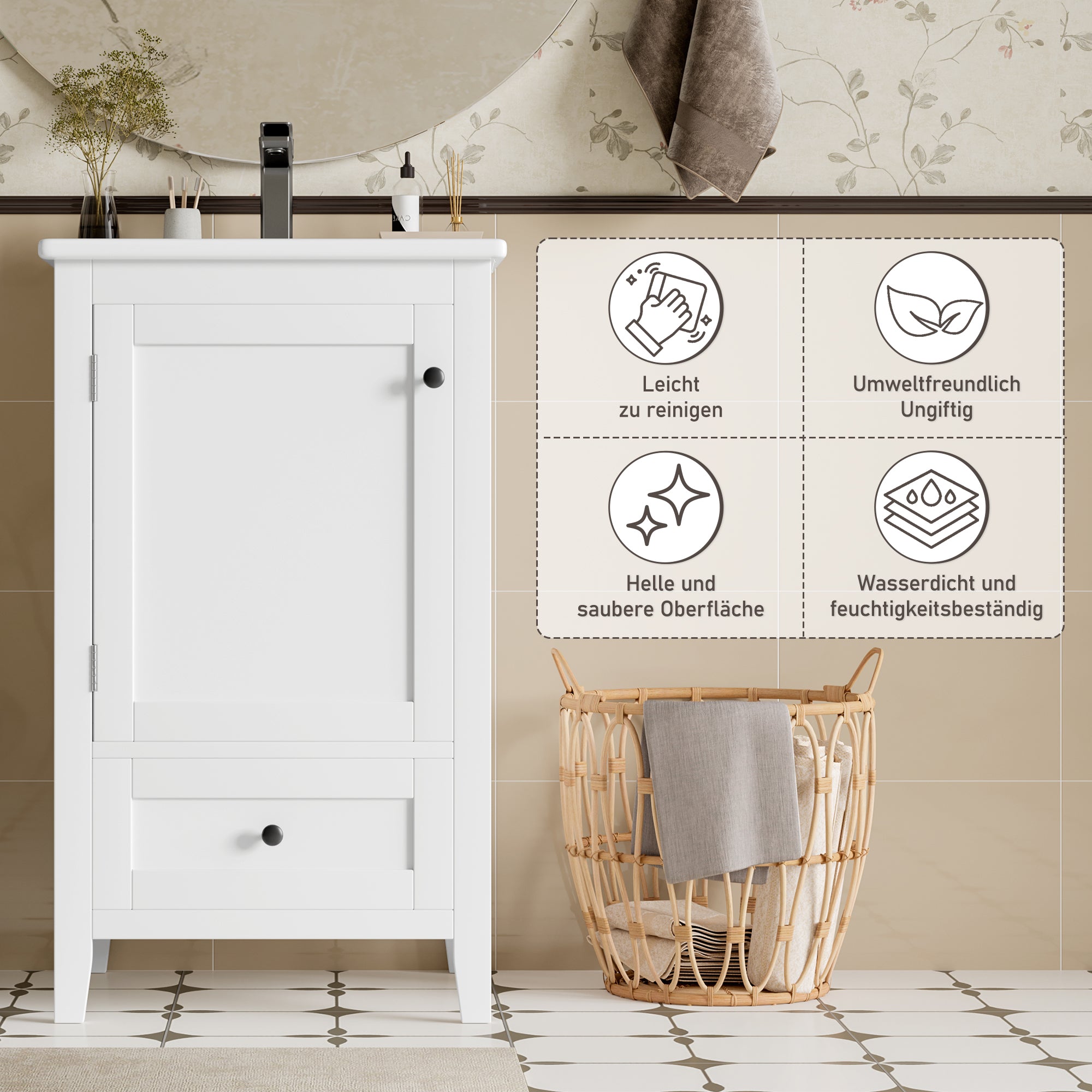 Floor-standing Bathroom Cabinet with Ceramic Sink and Storage Drawer, White