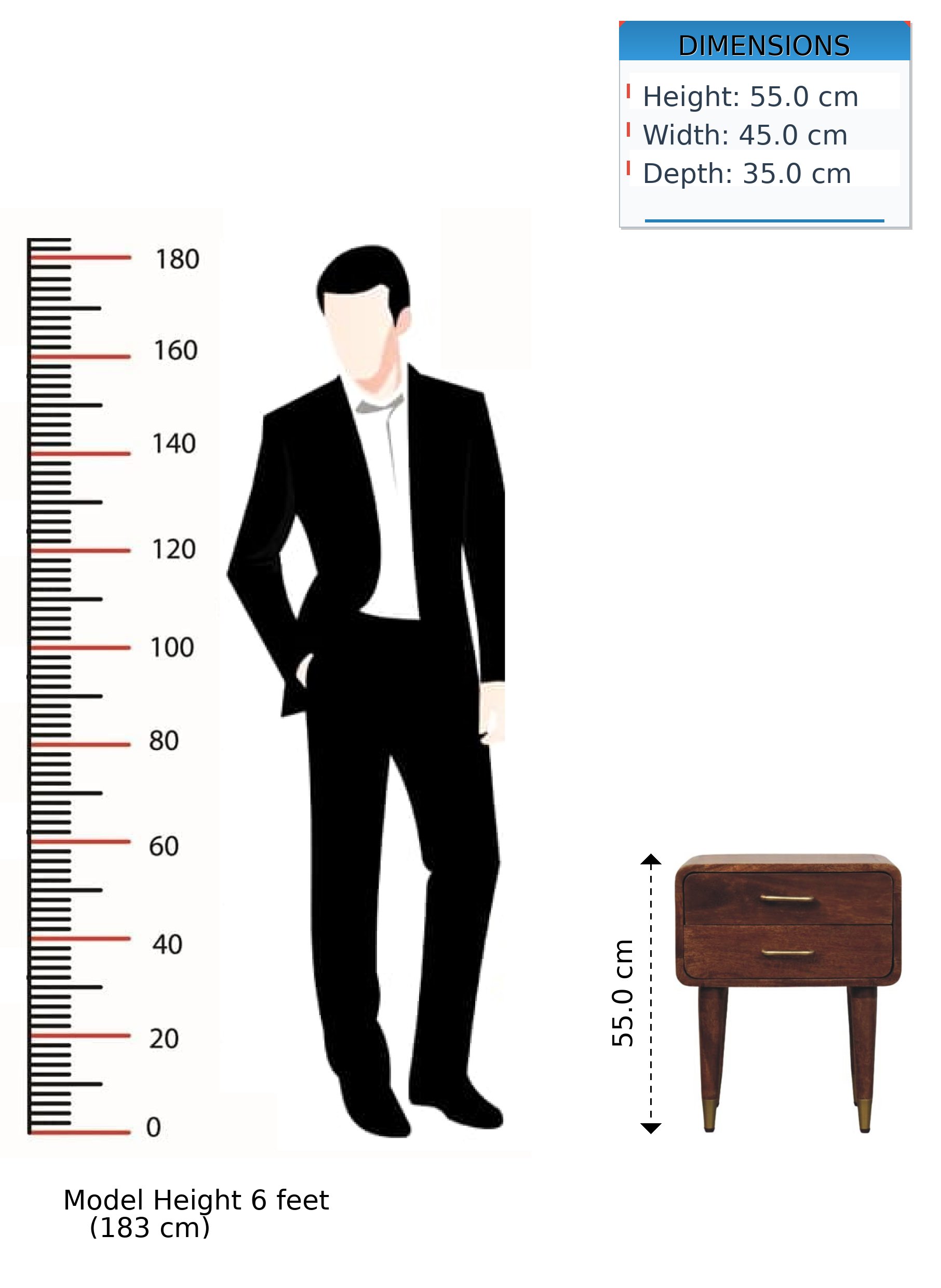 Astor 2-Drawer Nightstand, Solid Wood Brown