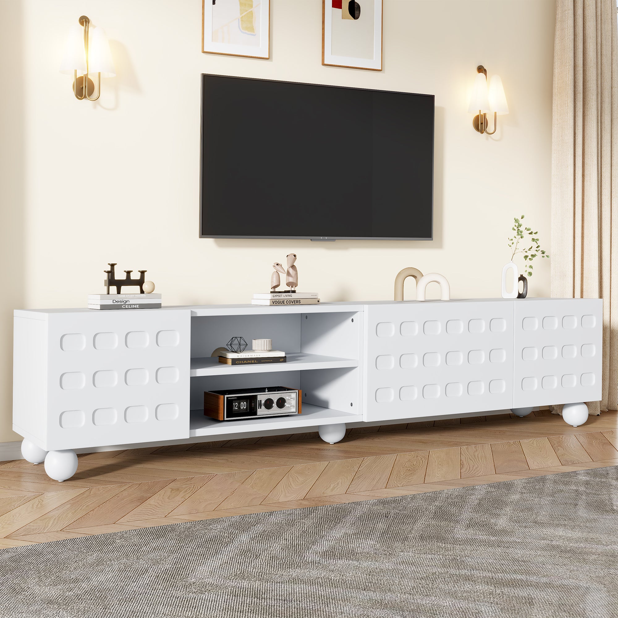 TV Cabinet 200x40x44cm, 3-Door, Printed Design, for up to 80-inch TVs, White