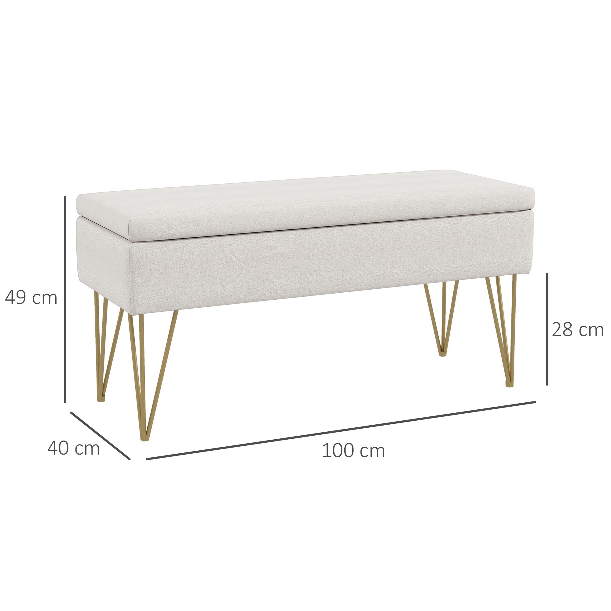 Upholstered Bench, Storage Steel Legs, Cream