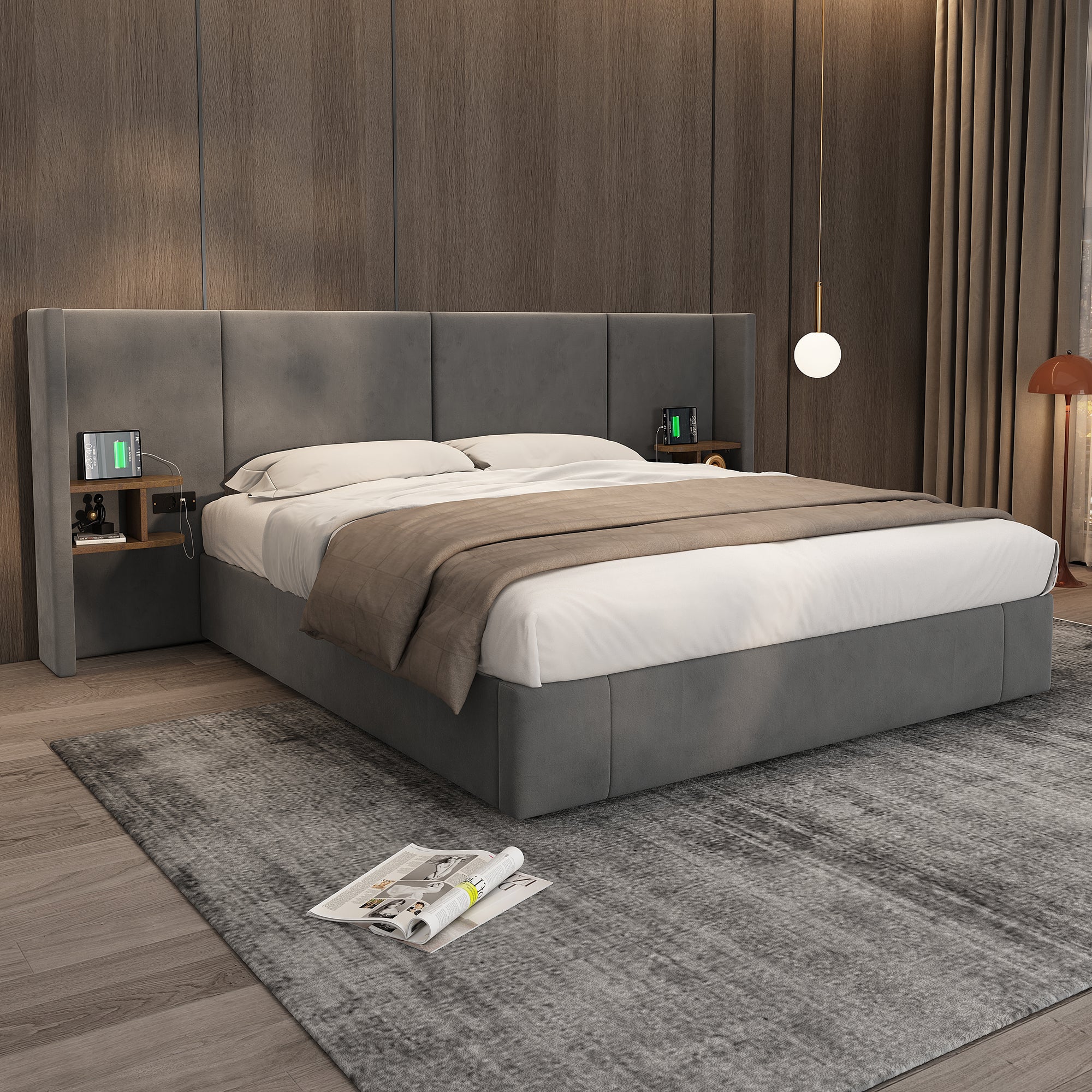 Upholstered Super King Size Bed 6ft (180*200cm) with Ottoman Lift Up, USB Connection, Sockets, and Two Bedside Tables, Velvet, Grey