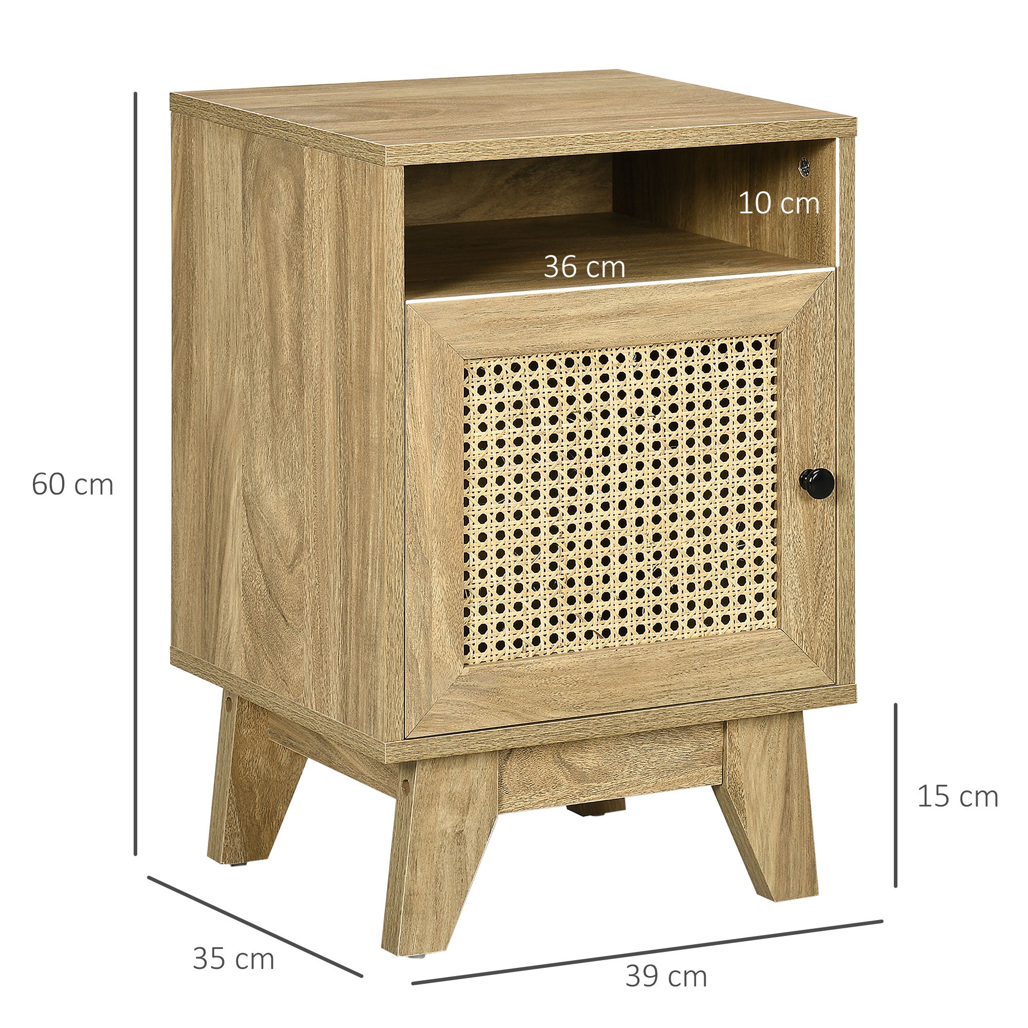 Narrow Rattan Nightstand, Side End Table with Shelf and Cupboard, Natural