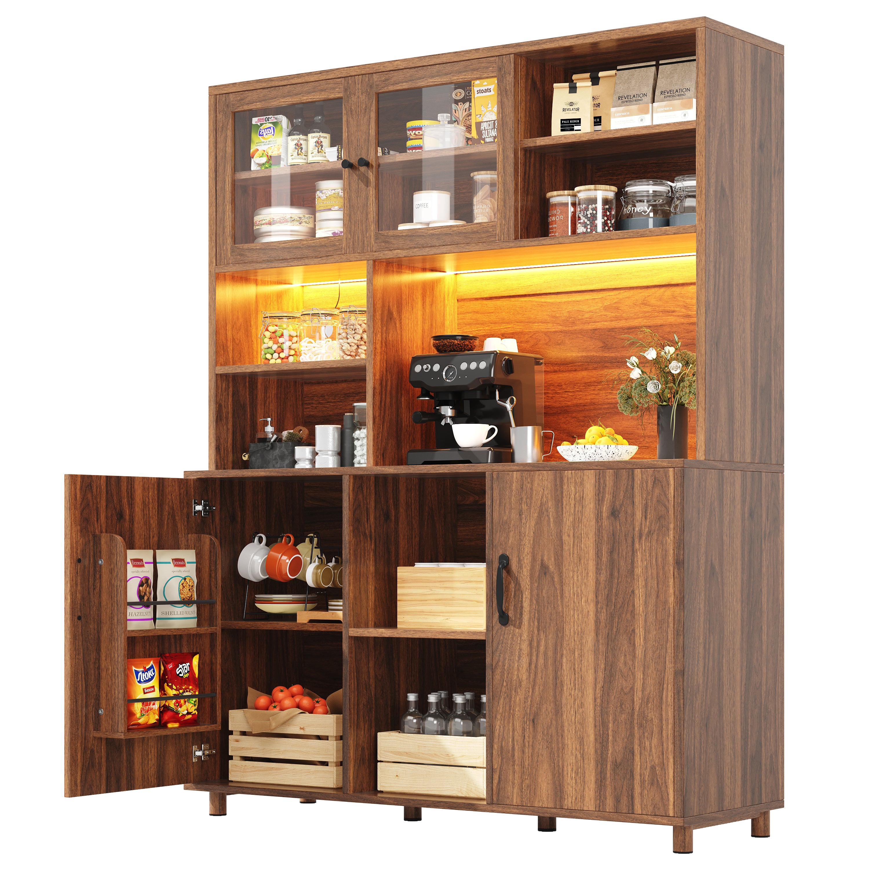 Tall Cabinet with LED Lighting, Snack Shelf, Retro - Walnut