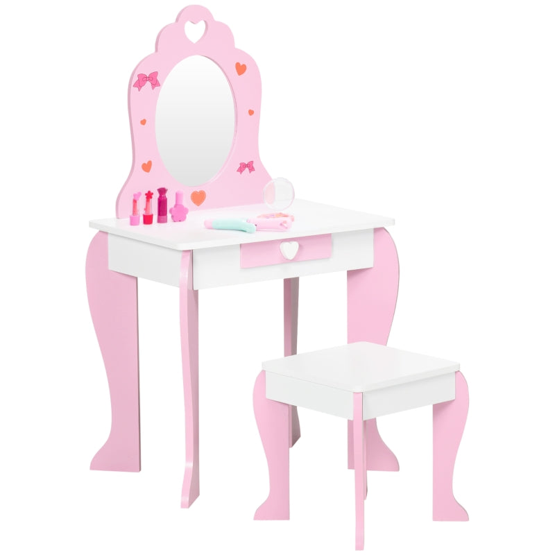 Kids Dressing Table Set w/ Mirror, Stool & Drawer, Pink