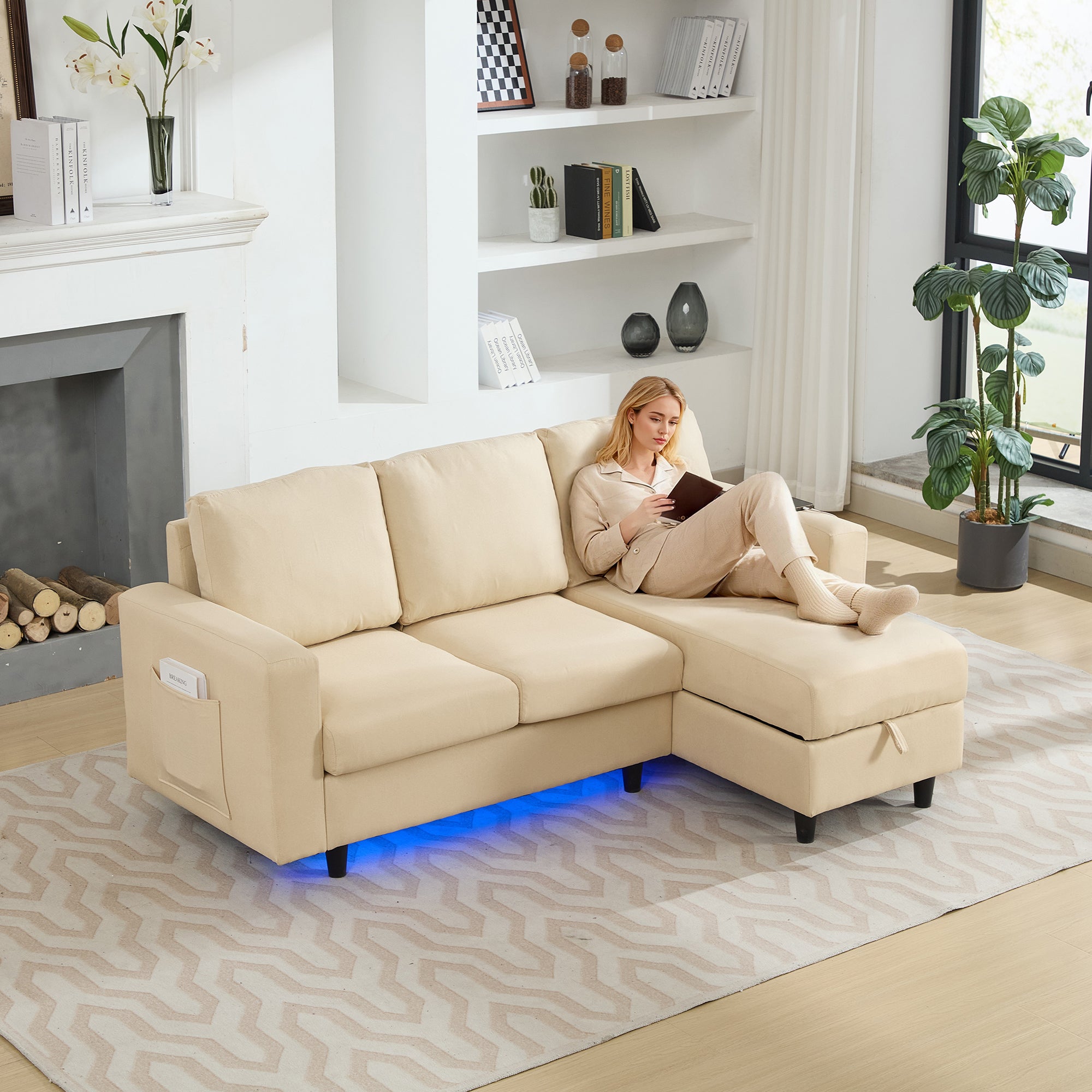 L-Shaped Sofa Bed, 3 Seater Sleeper with Storage, USB, and LED, Beige