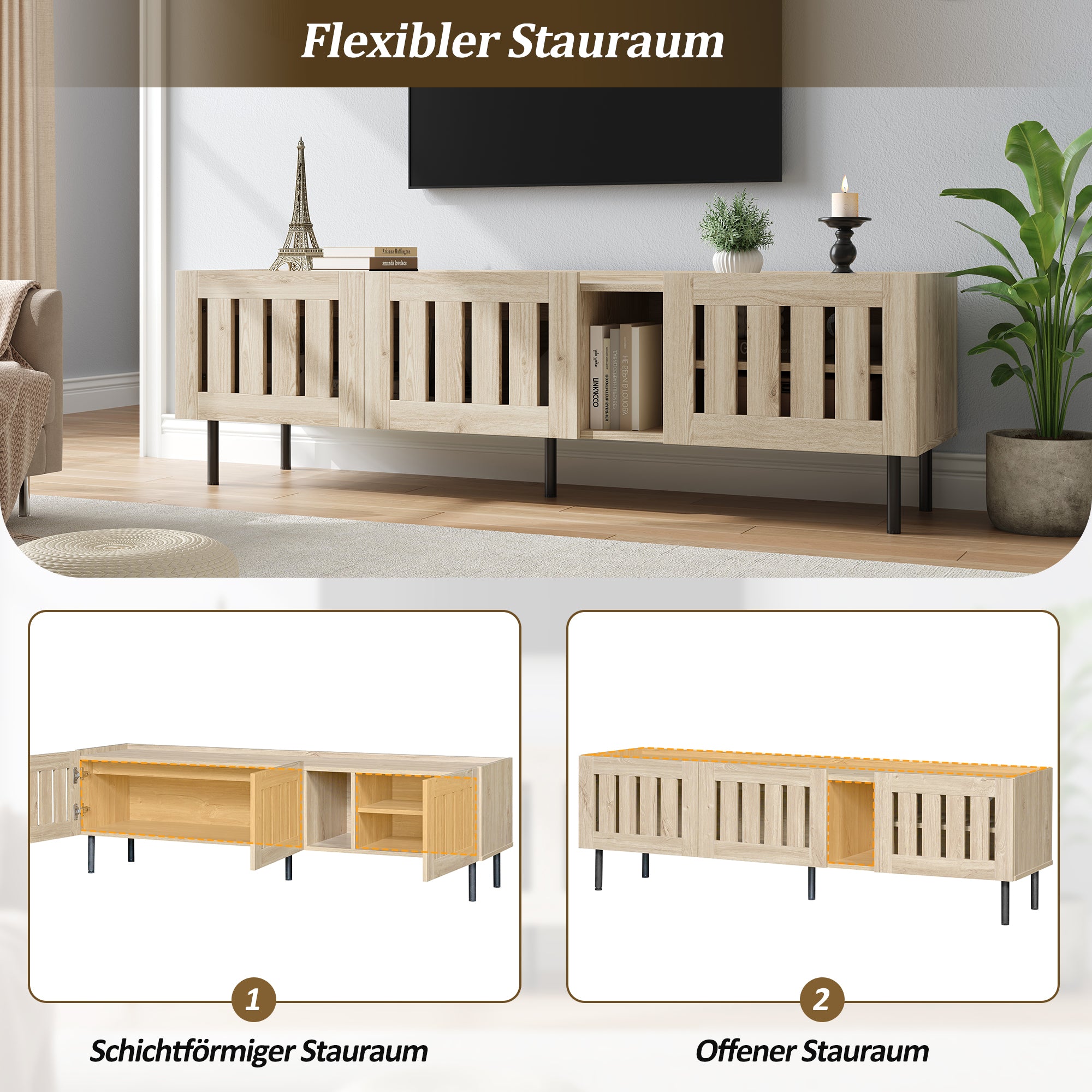 Lowboard TV Cabinet, Minimalist Natural Wood 160x40x47cm for 65-Inch TV, MDF