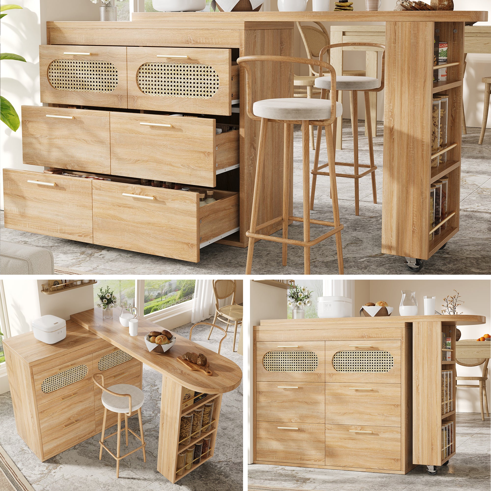 360° Rotating Bar Table with 6 Drawers and Anti-Tip Device, PE Rattan and Metal