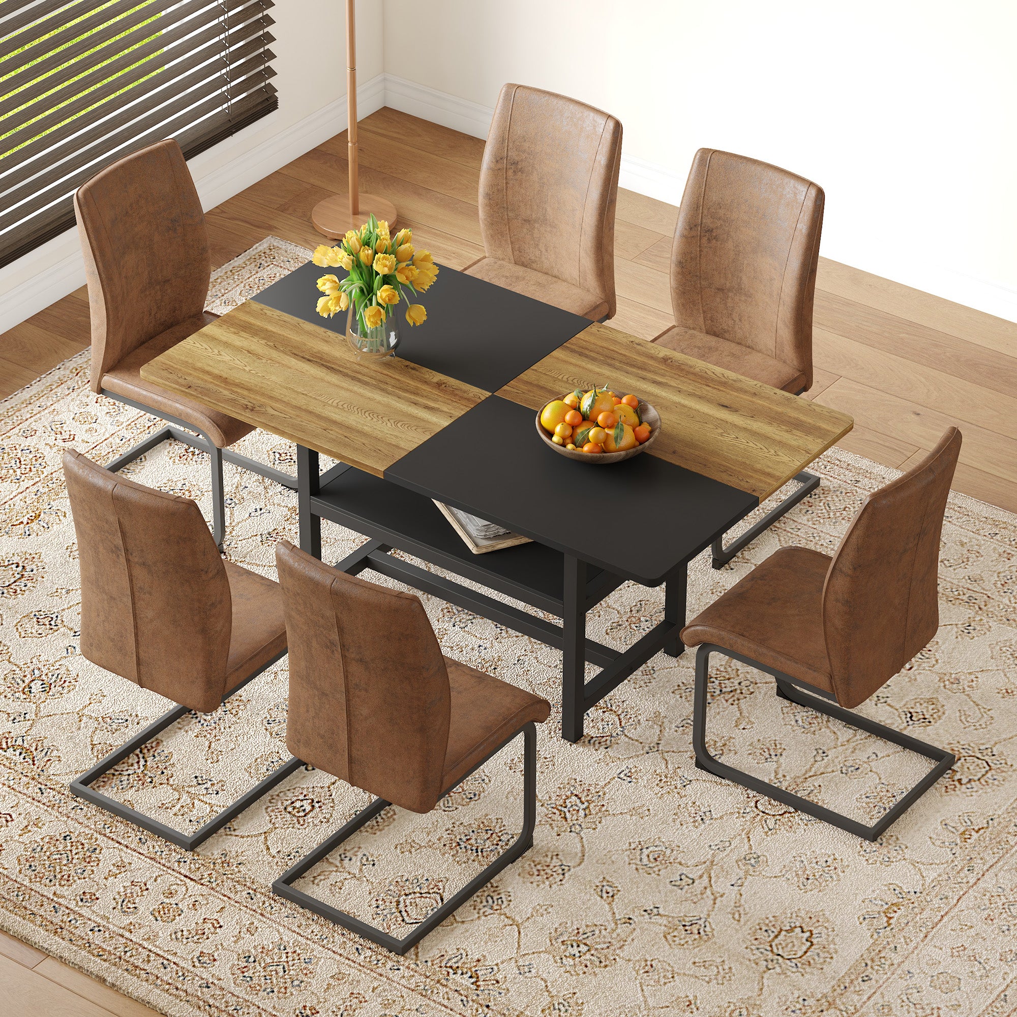 Dining Table Set, Rectangular with Shelf and 6 Armchairs, Brown Tech Fabric