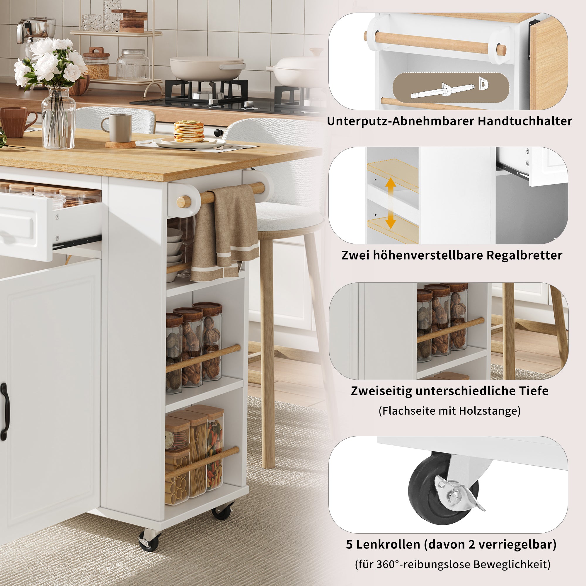 Kitchen Island Mobile Extendable Dining Table Waste Bin Towel Rack Power Strips - White