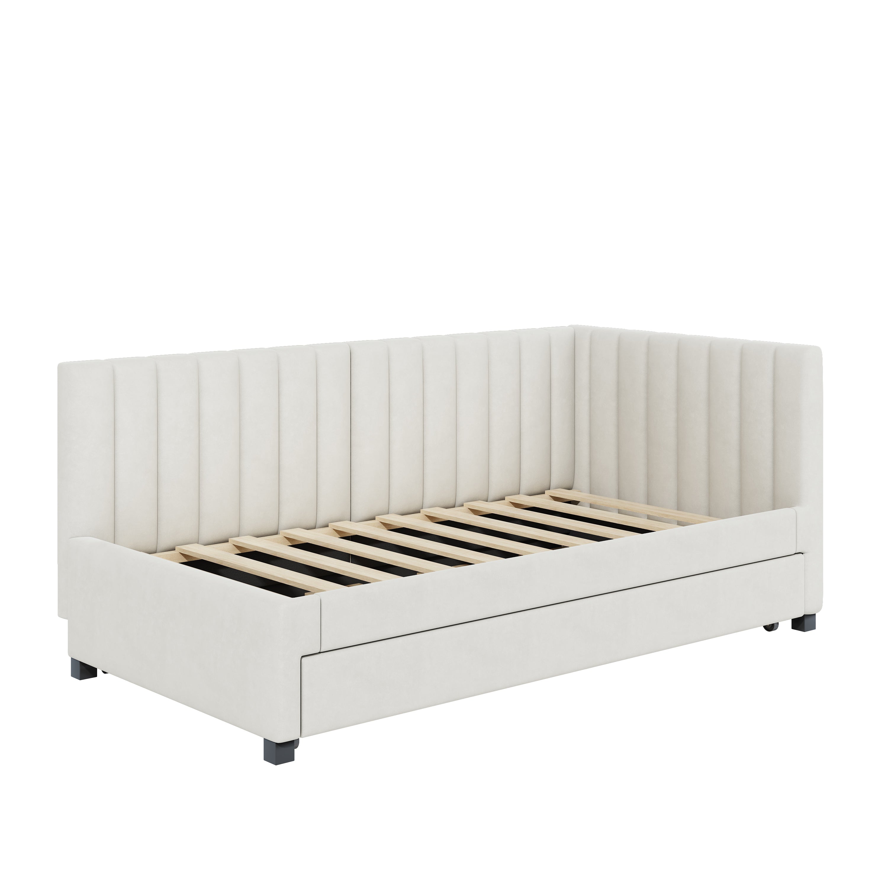 Upholstered Bed 90*200, Pull-Out Sofa Bed, Multifunctional with Slatted Frame, Velvet Fabric Beige