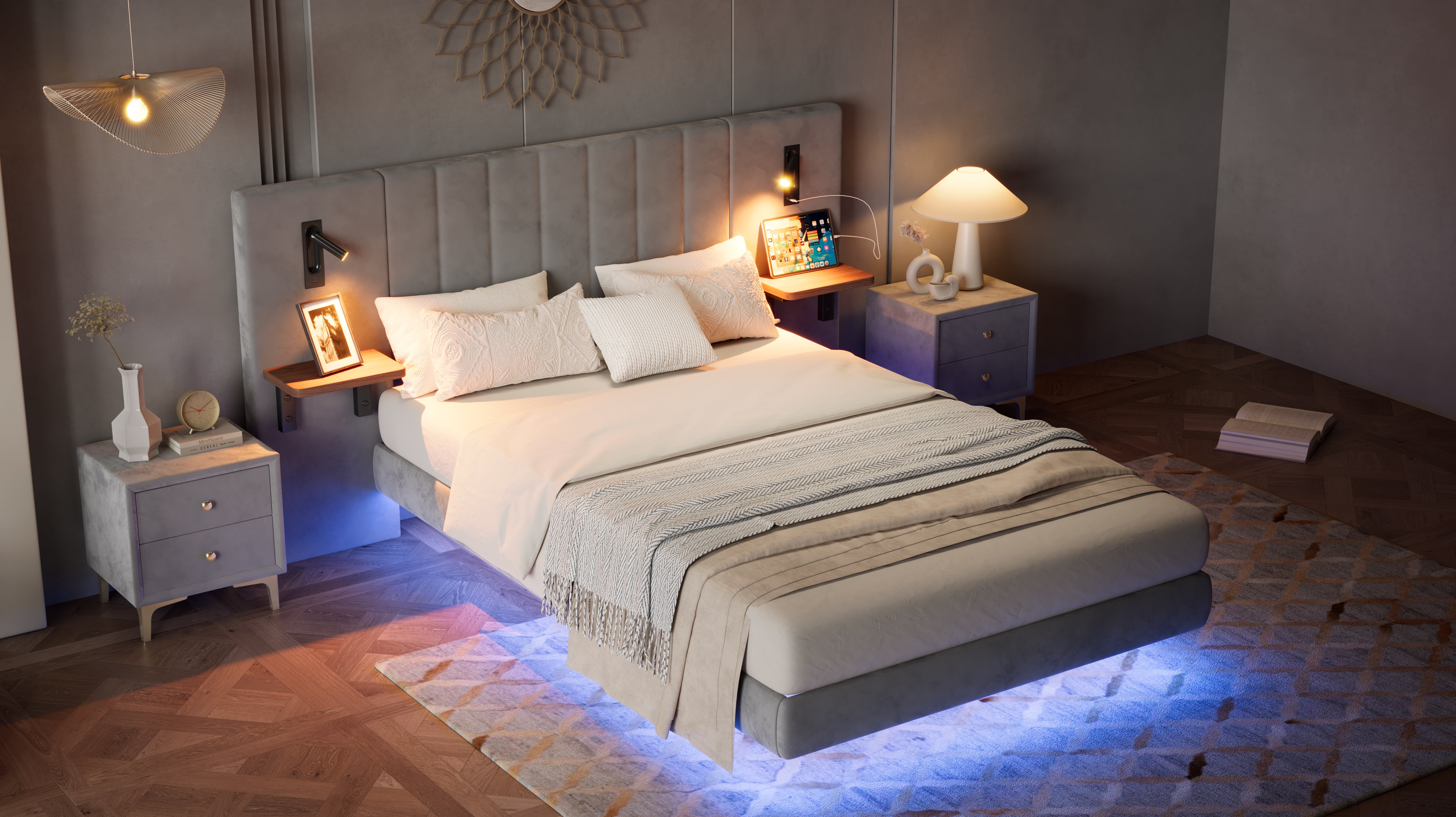 Upholstered Bed with Lamps, Charging Socket, Storage, and Light Strip, Velvet+Iron Grey