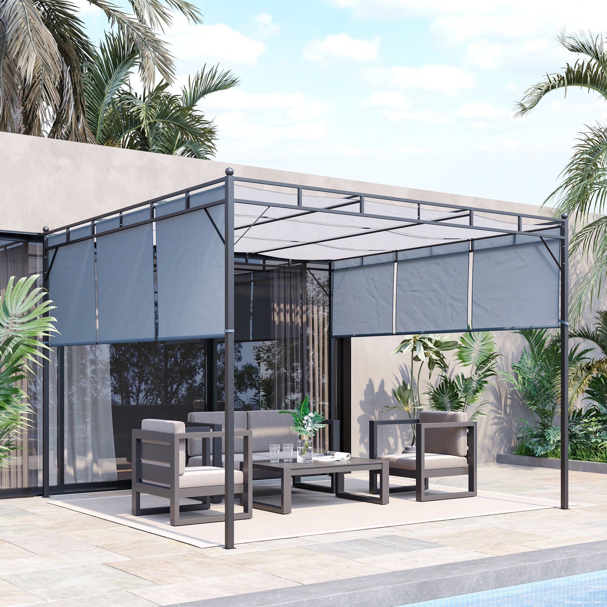 Pergola Gazebo 3x3m Retractable Roof Canopy Dark Grey