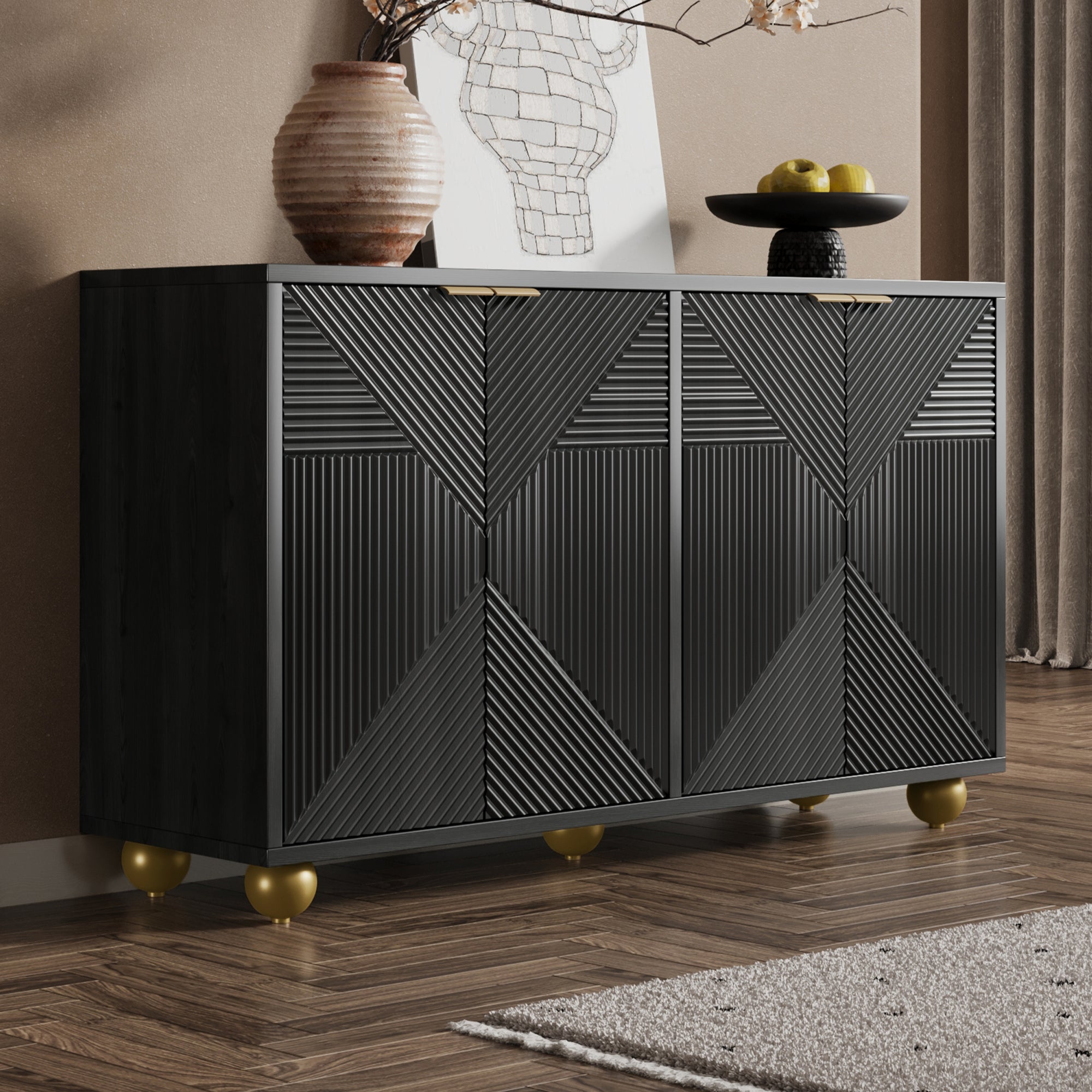 Sideboard with Four Molded Doors and Adjustable Shelves, Metal Handles and Ball-Shaped Legs