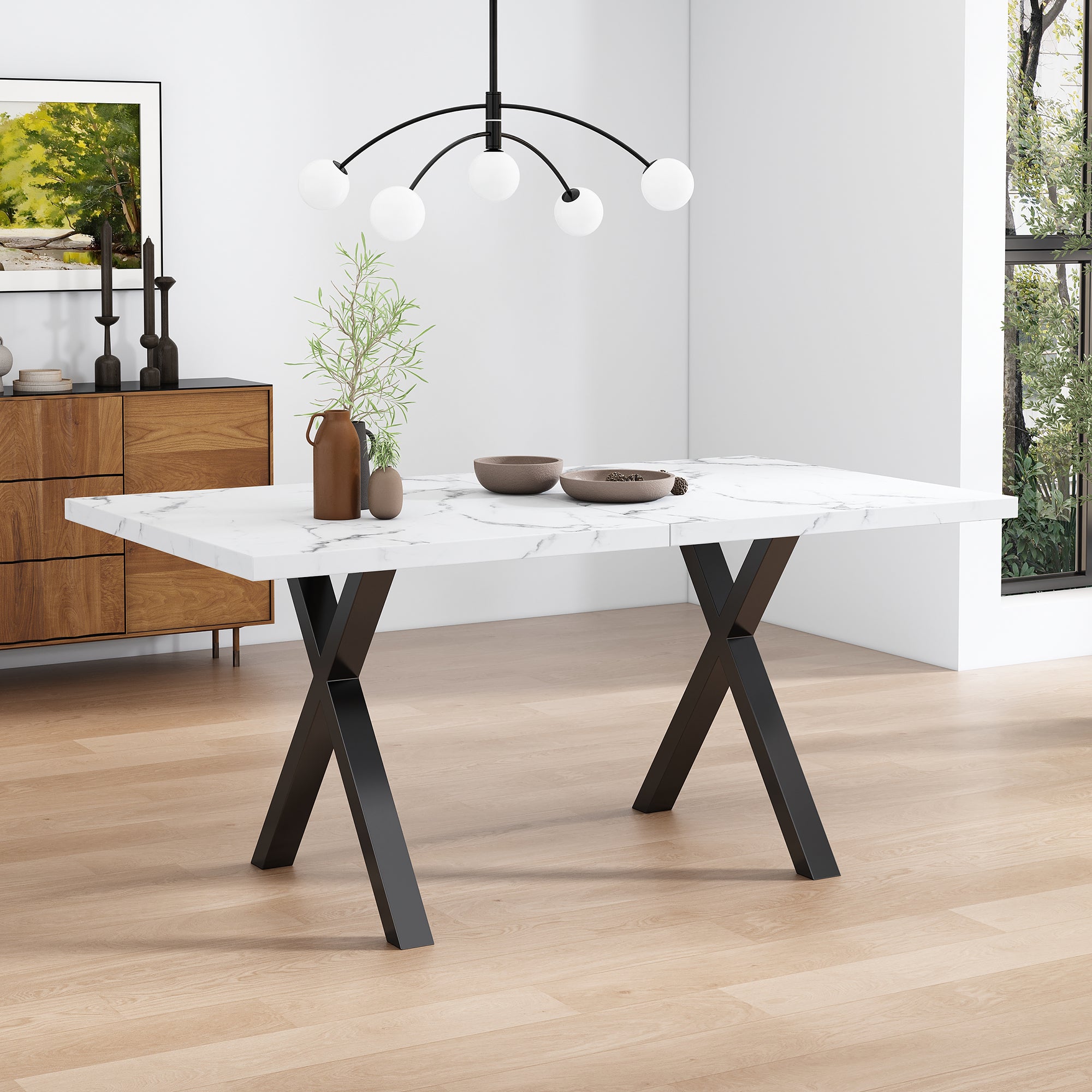 Dining Table Rectangular Crossed Legs Wrought Iron Marble Effect 140x80cm - Black and White