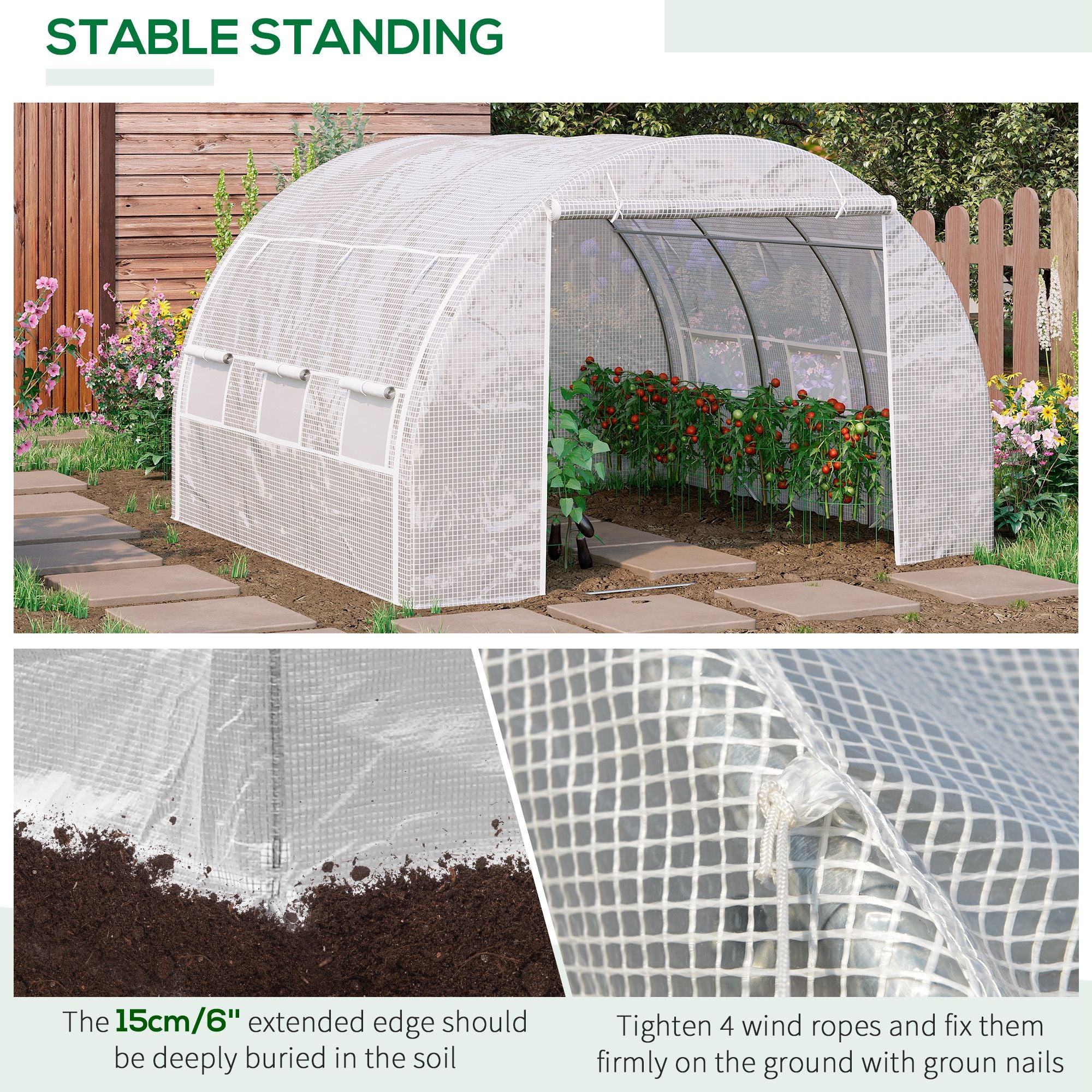Polytunnel Greenhouse 3x3x2m Walk-in Grow Tent Steel Frame Roll-up Walls White