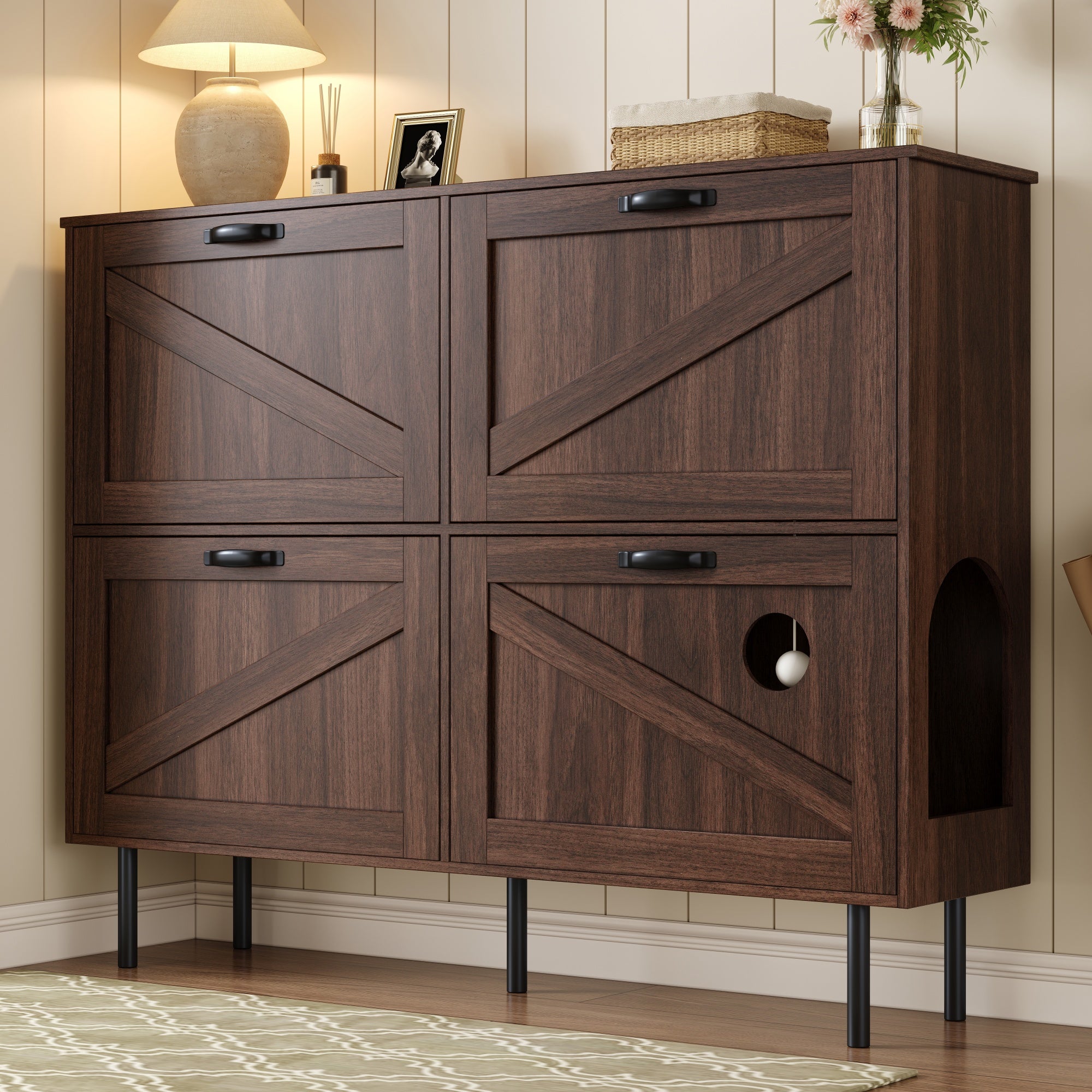 Narrow shoe cabinet with 3 flaps and pet toy storage, for hallway use