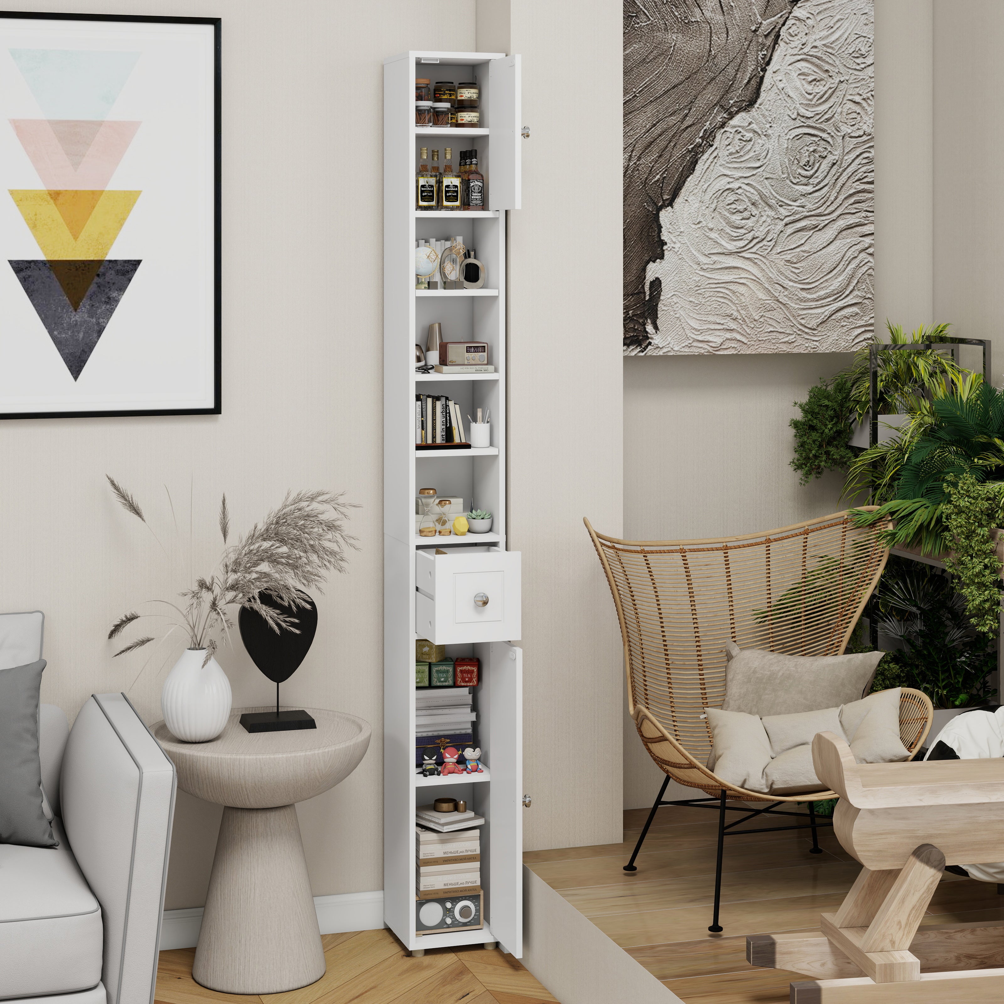 Tall Slim Bathroom Storage Cabinet, 71" Freestanding with 1 Drawer, 2 Doors, 4 Shelves-White