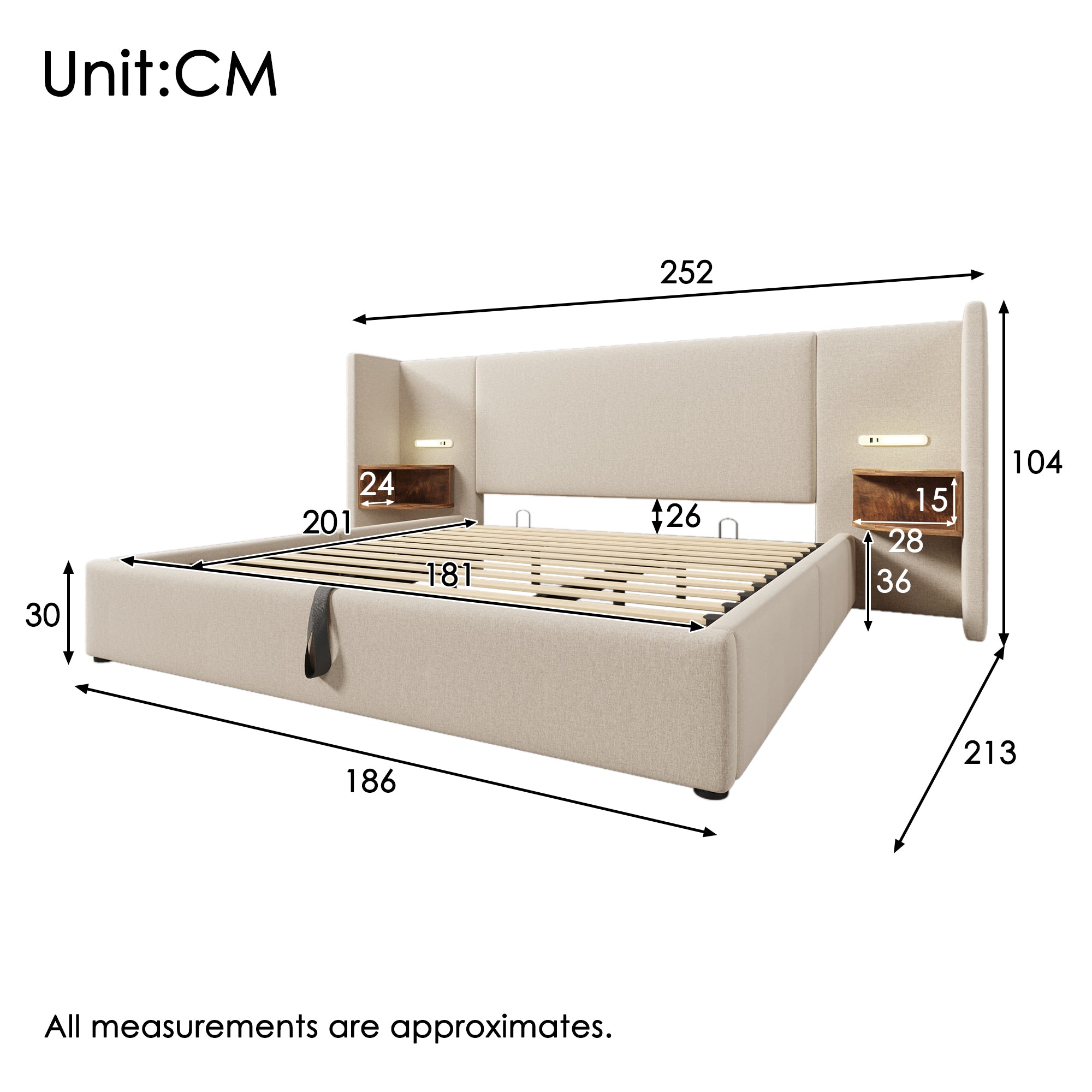 Upholstered Double Bed 180x200 with Bedside Table, Reading Lamp, USB-C Charging, Beige Linen