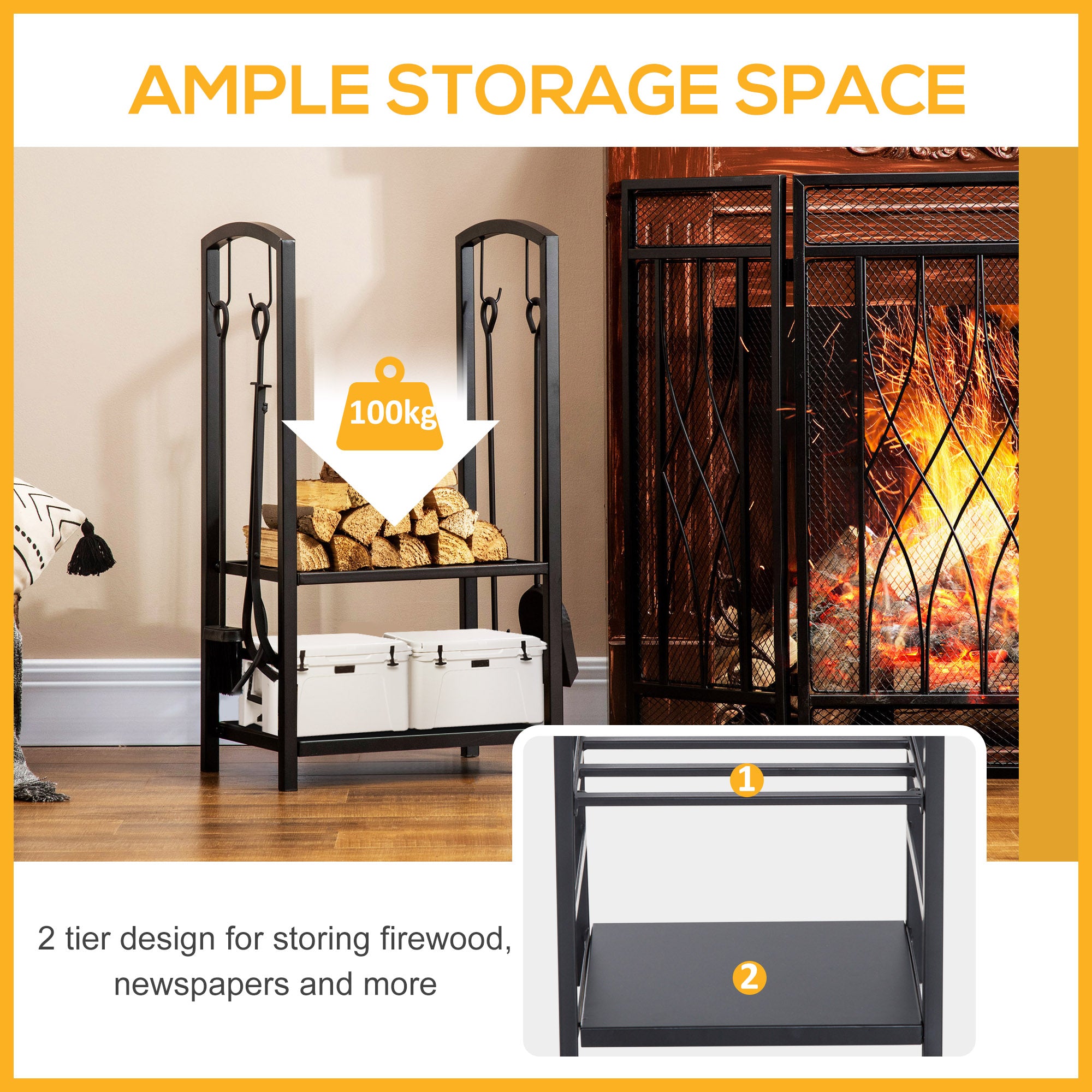 Metal Firewood Log Holder, 2 Layer Storage Rack with 4 Tools, Black