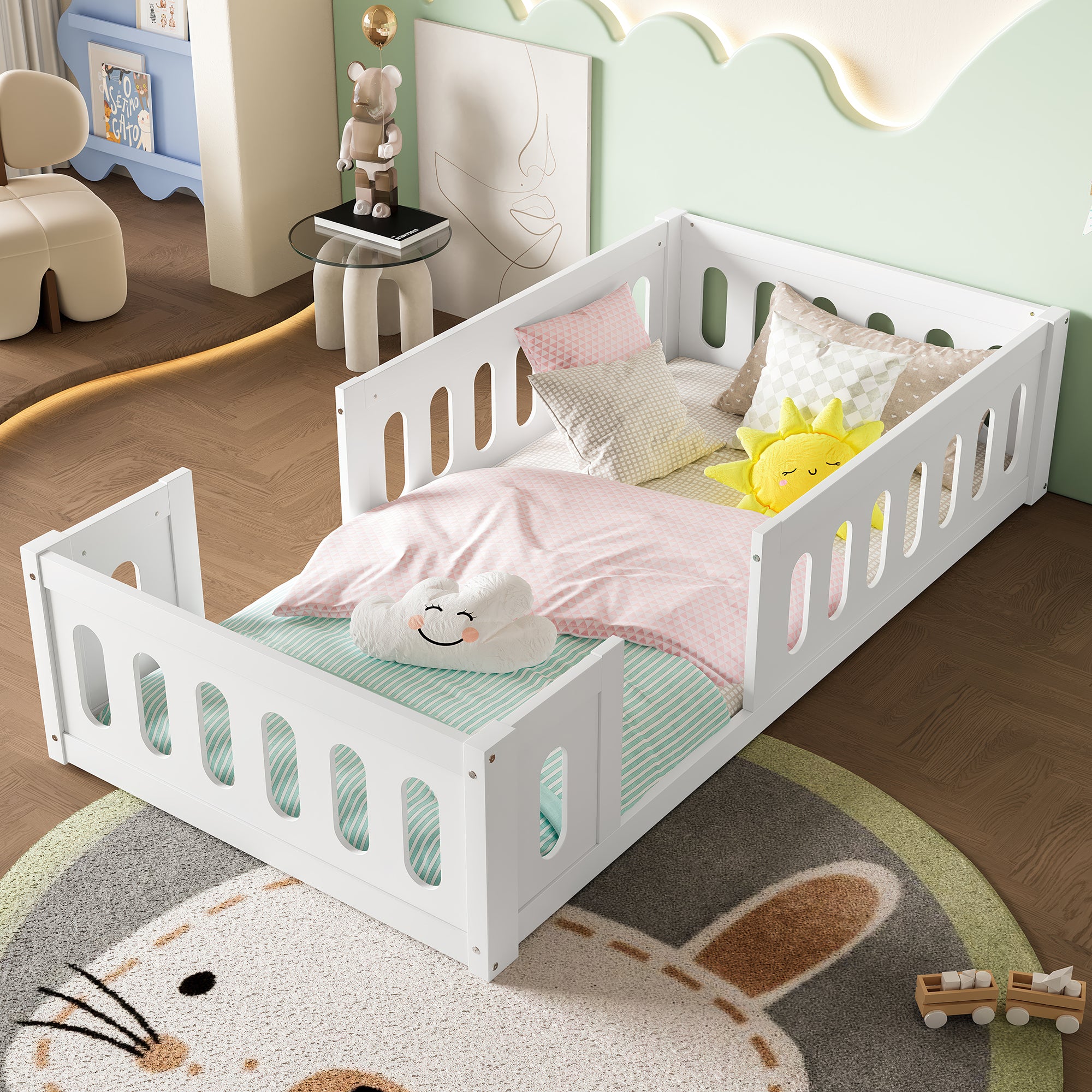 Wooden Platform Bed 90x200 with Railing, White