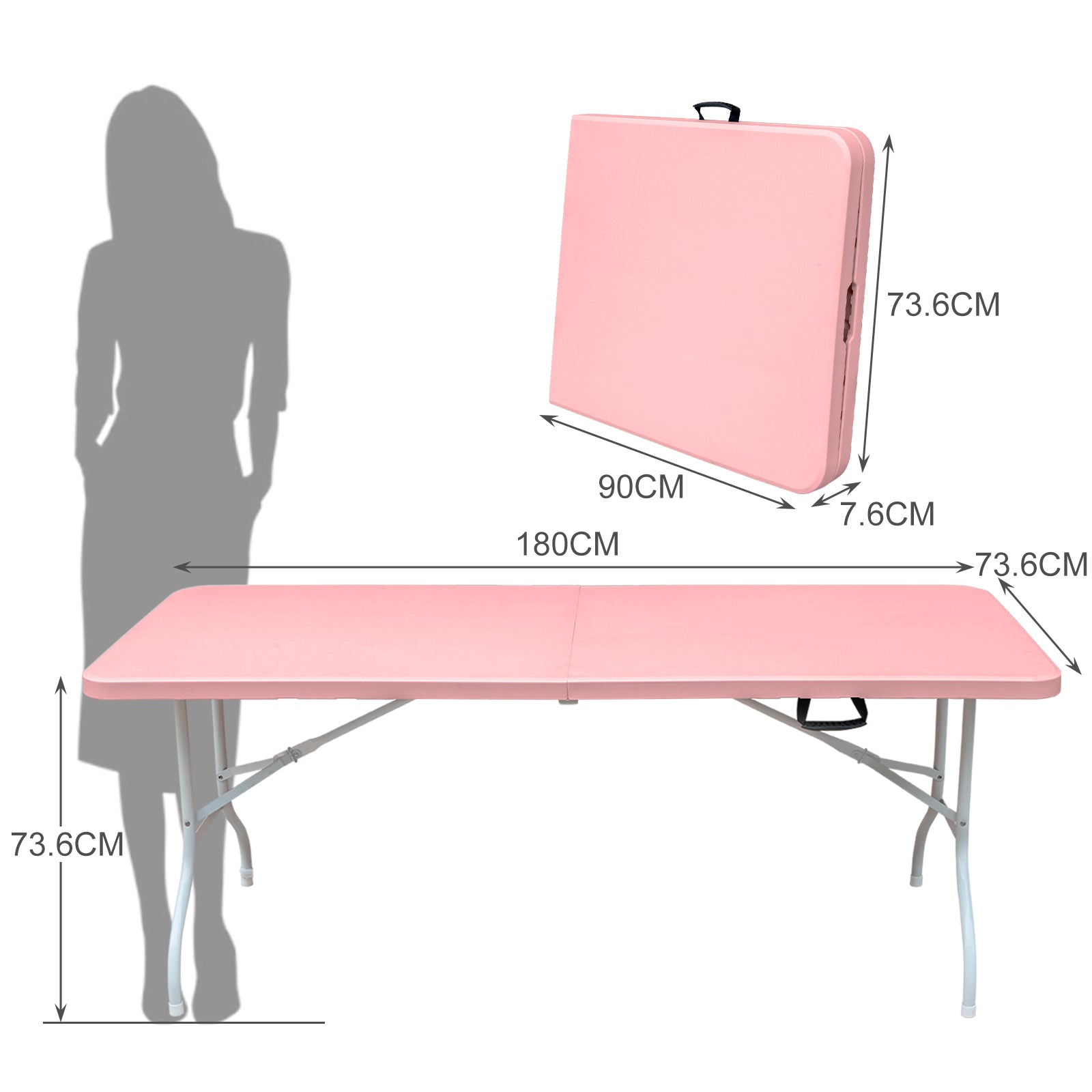 Folding Table 180cm, Heavy Duty Portable with Handle, Pink