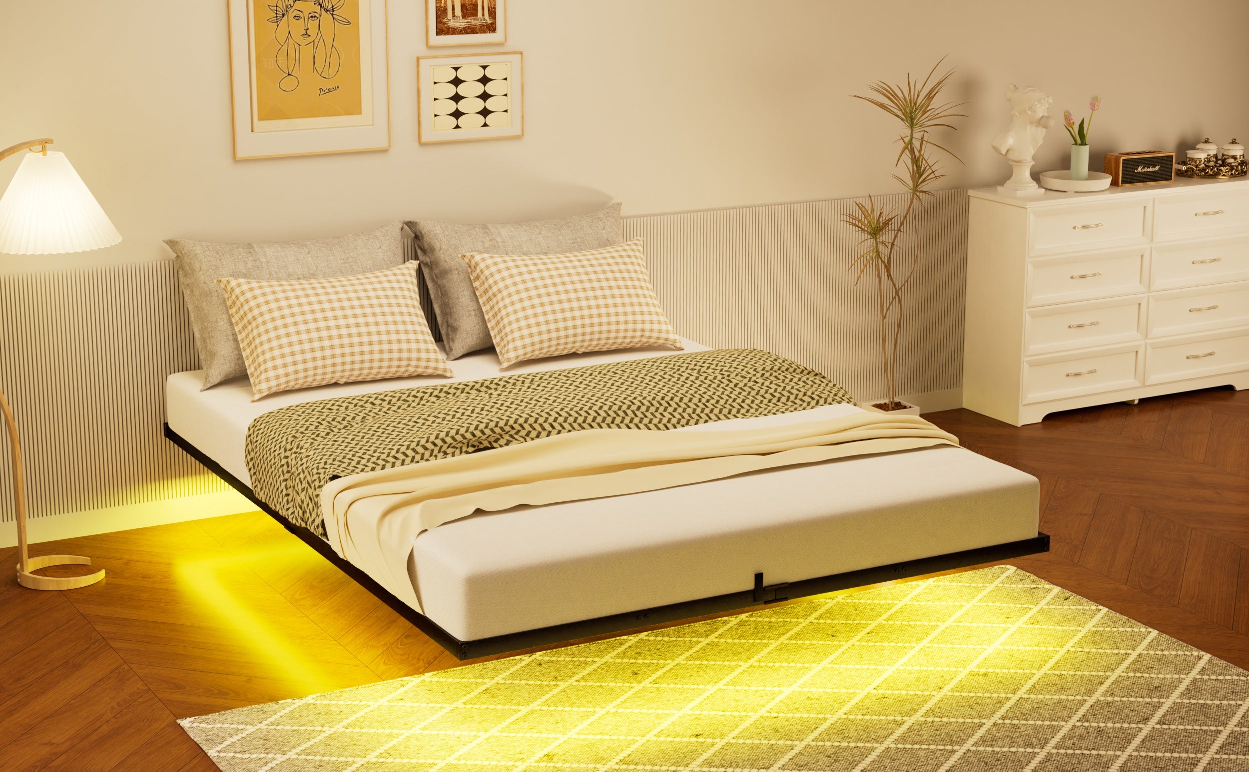 Floating Metal Bed 140x200cm, LED Lights, Black