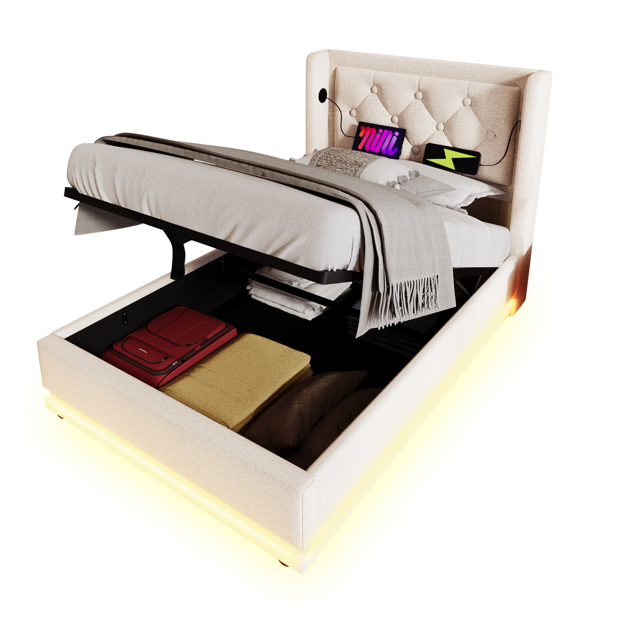 Upholstered Single Bed, 90x200cm Hydraulic Storage with USB & LED, Beige Cotton