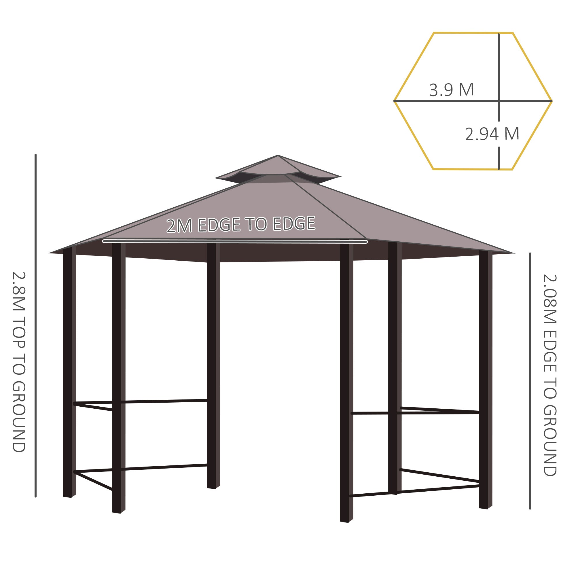 3 x 3m Hexagon Gazebo Patio Canopy Party Tent 2 Tier Roof Side Panel Brown