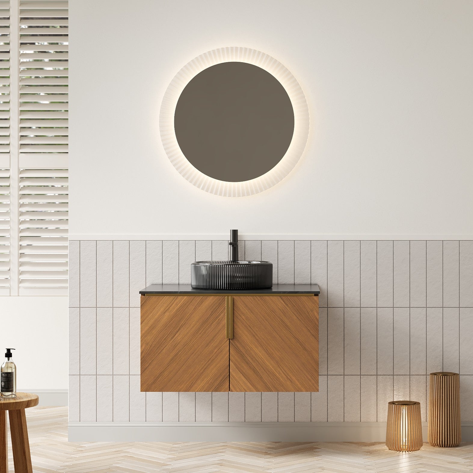 ARAI 76cm Wall Mount Bathroom Vanity with Black Glass Basin, Espresso Wood Grain