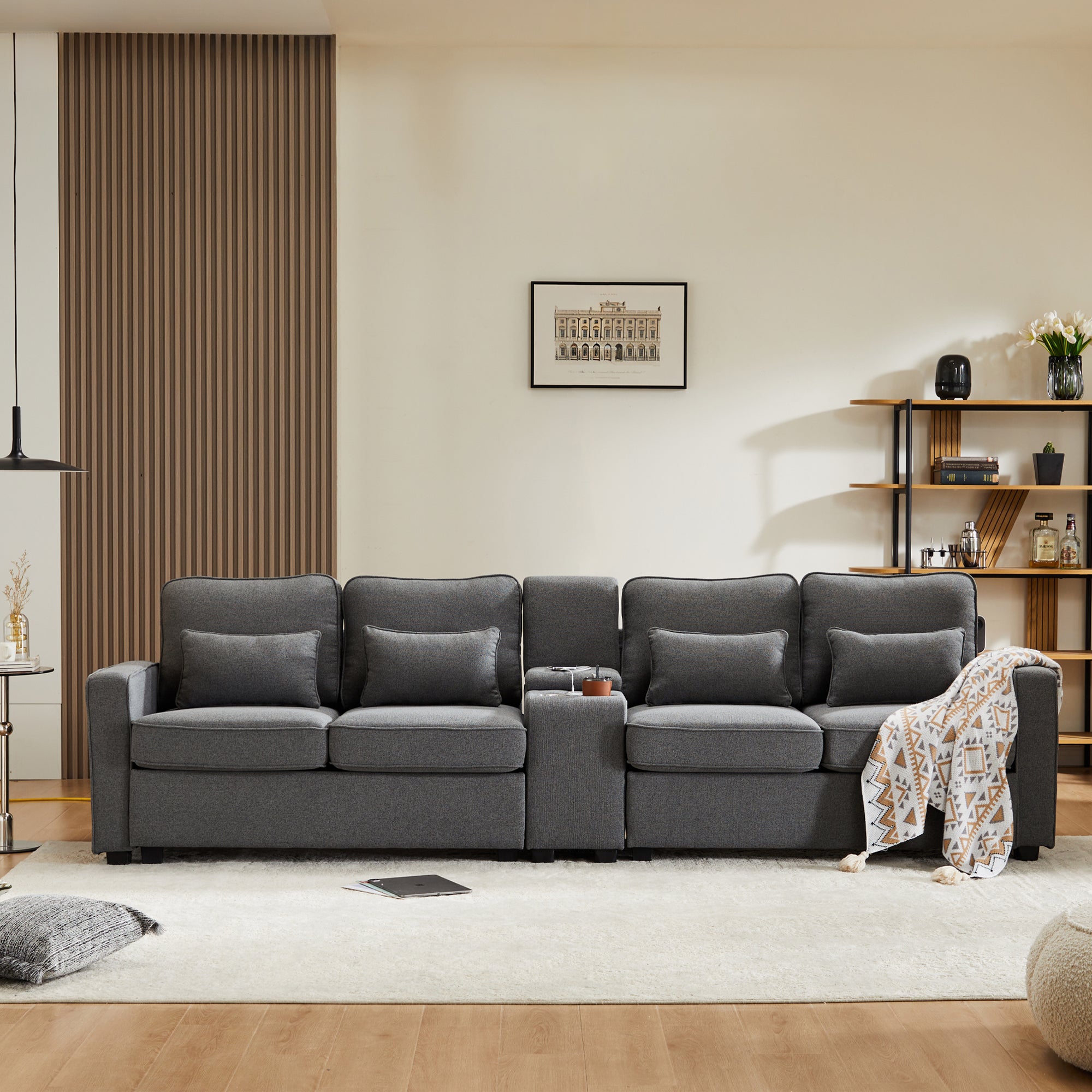 Sofa, Modern 4-Seater with Console, USB, Cupholders, Linen Fabric