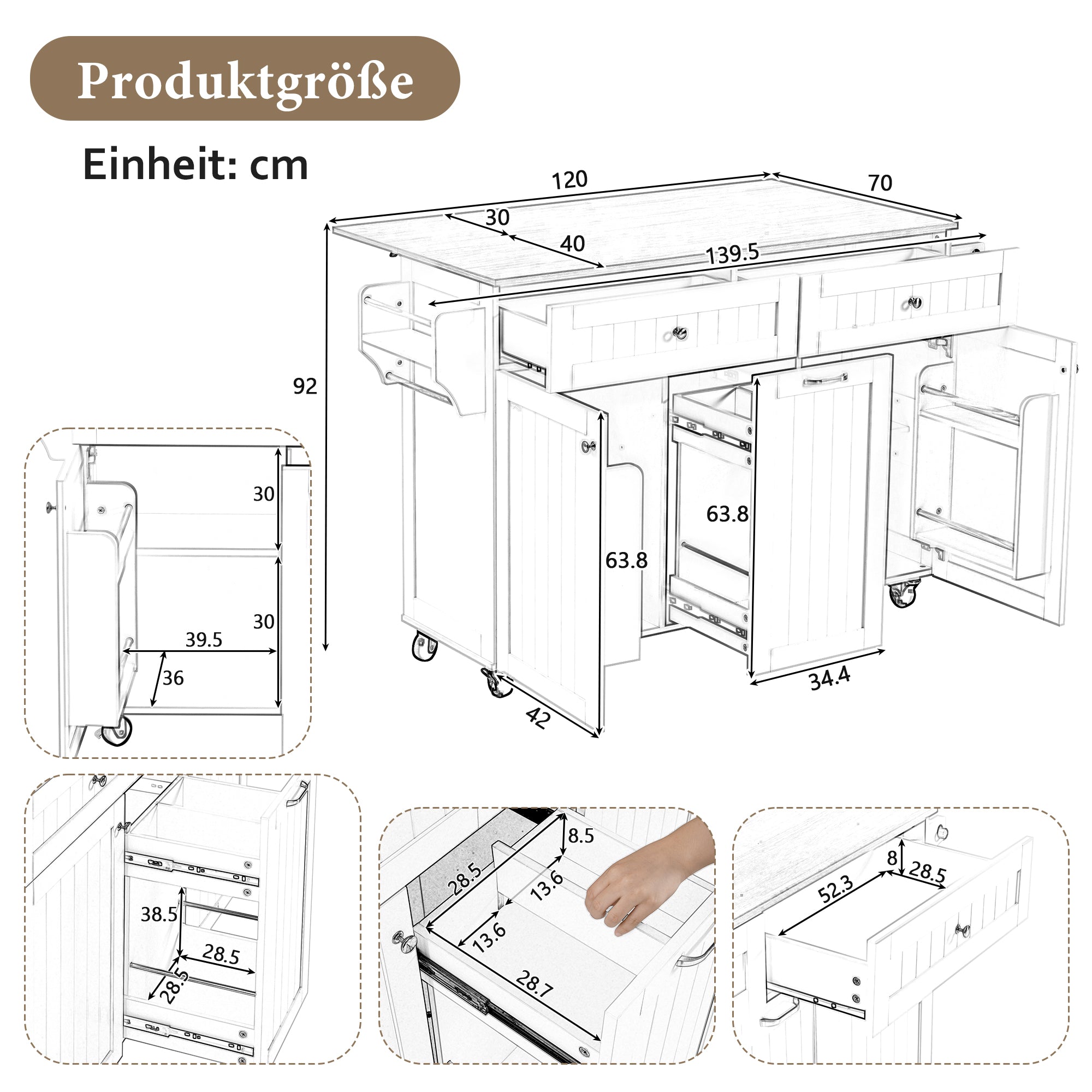 Kitchen Island, Extendable Mobile with Multifunctional Drawers, Black
