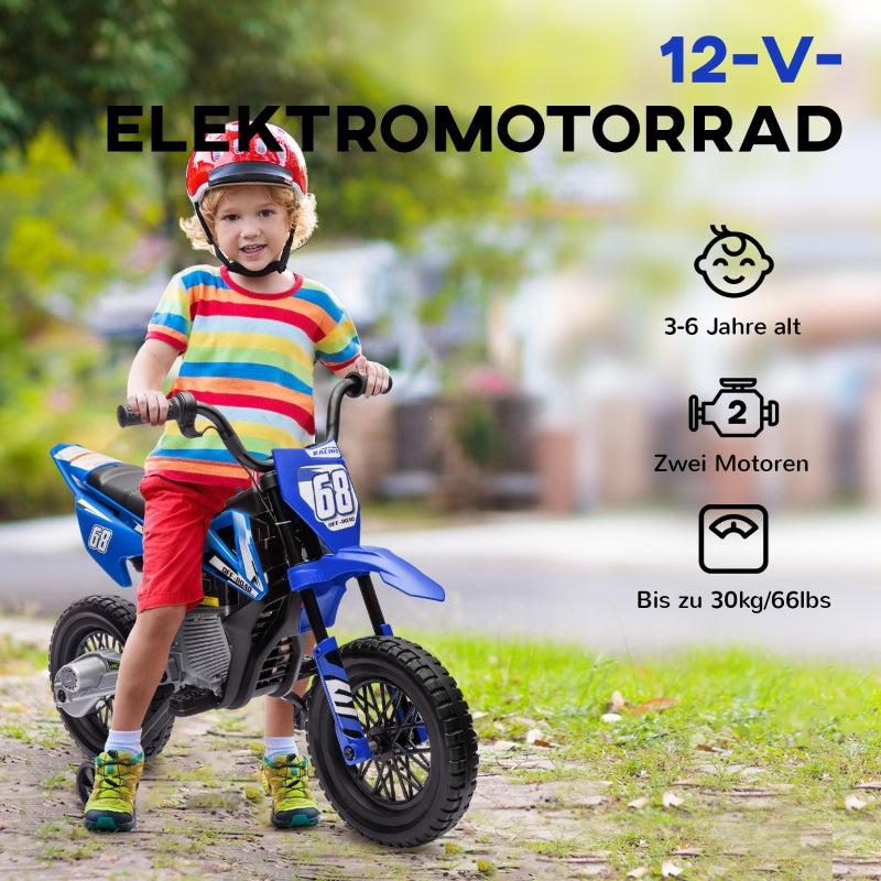 Electric Motorcycle for Children with Training Wheels and Music, 3-6 Years, 12V Blue