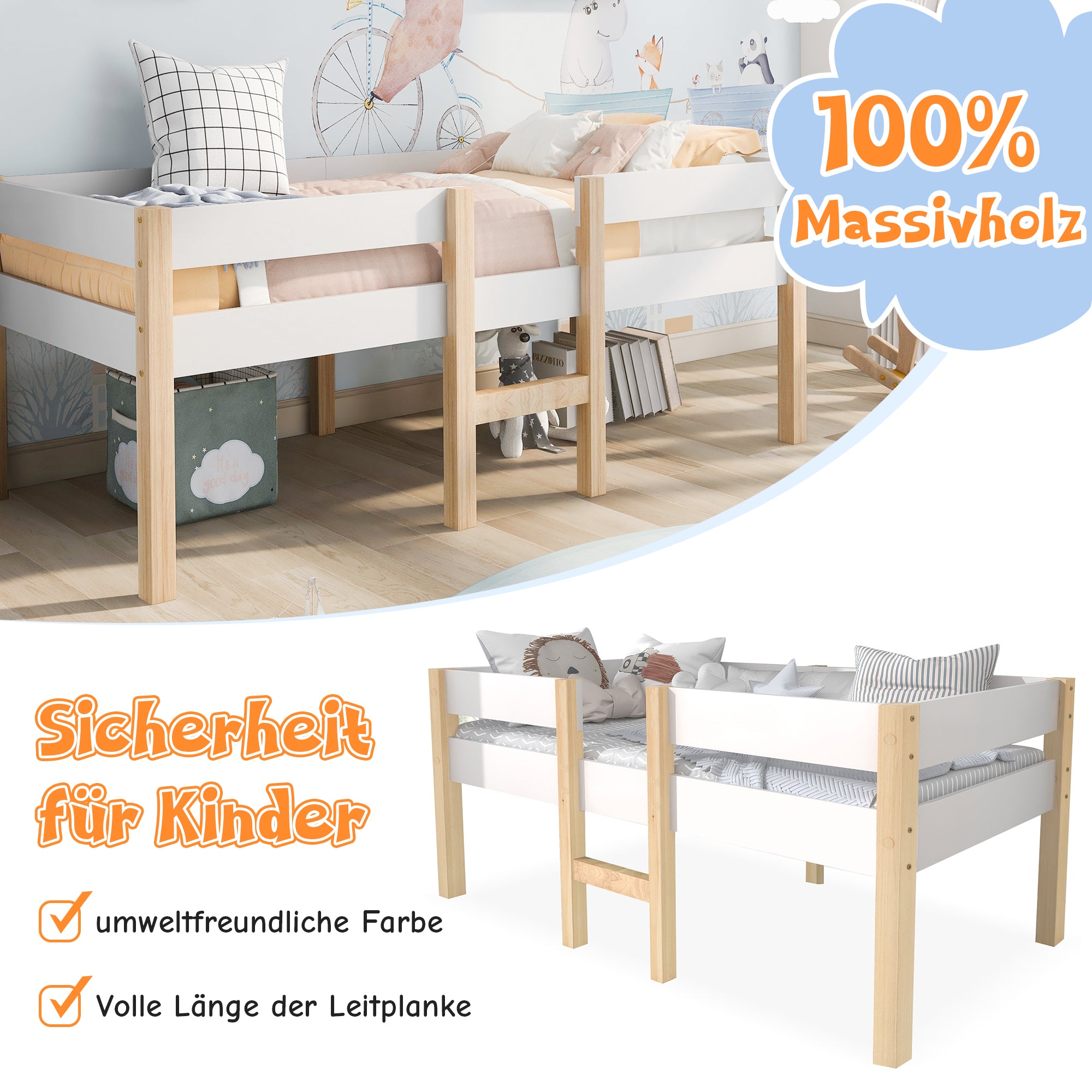 Children's bed with fall protection, 90x200 cm, solid pine wood, white & oak