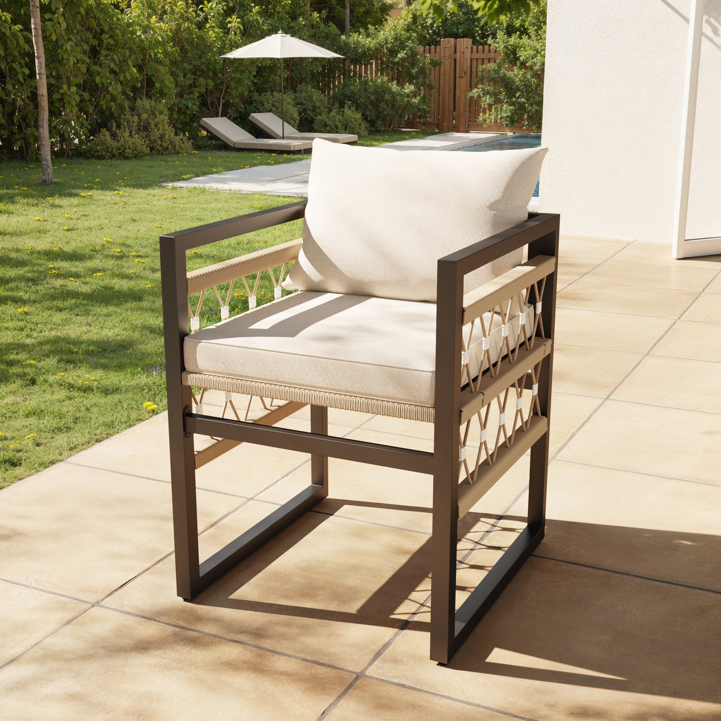 Handwoven Garden Sofa Set for 8 People with 2 Glass Tables and 8 Armchairs, Beige Iron