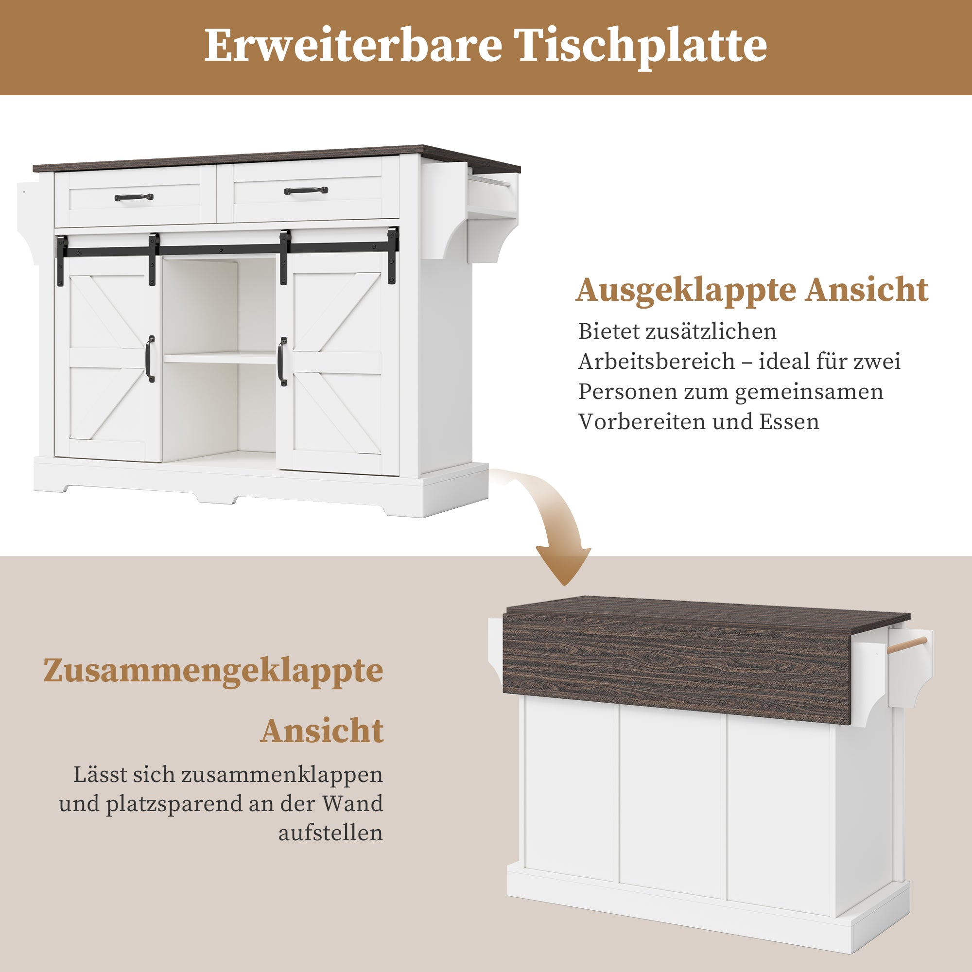 Kitchen Island with Fold-Down Worktop and Sliding Doors, Barn Style, White