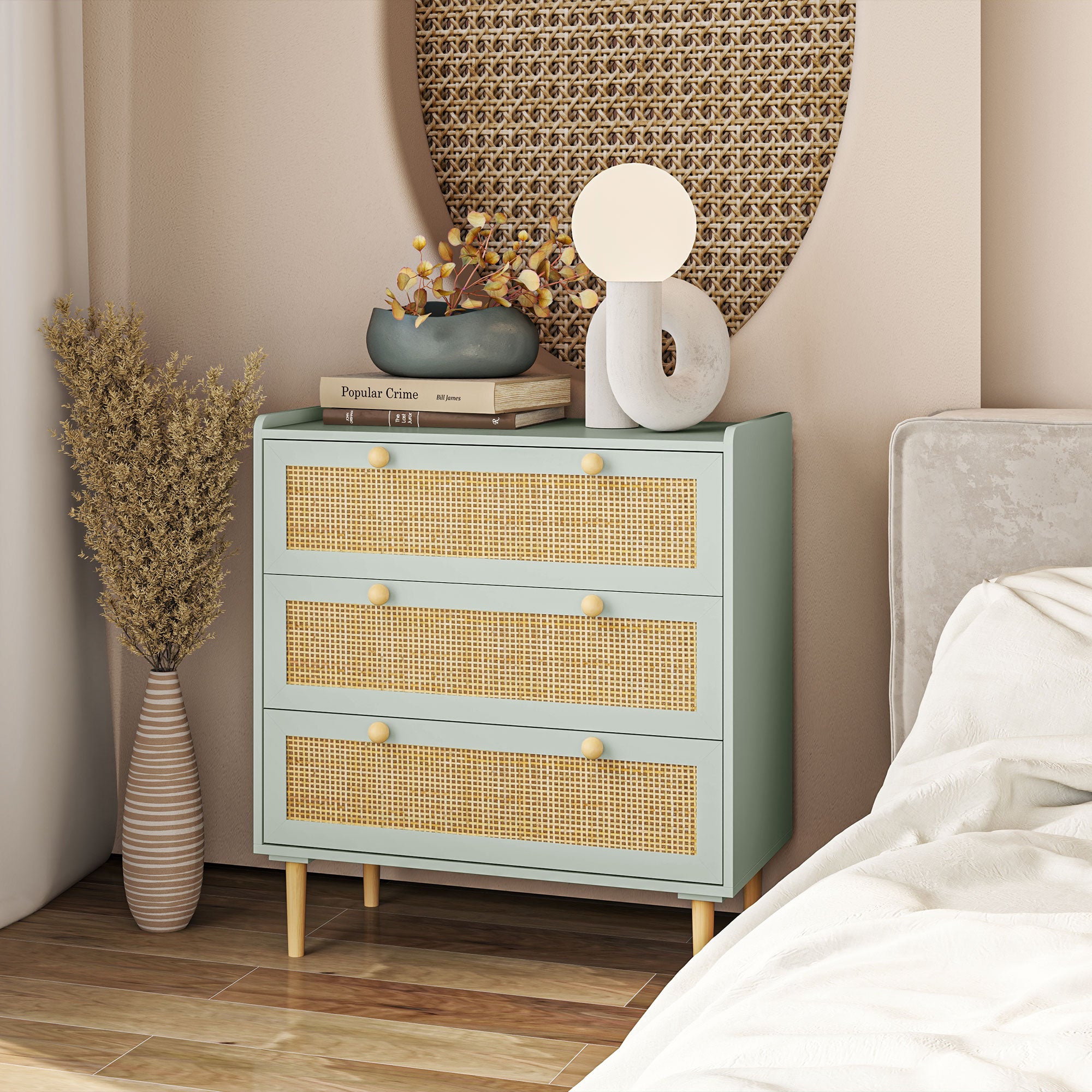Chest of Drawers/Sideboard, 3 Drawers Boho Rattan Look, Light Blue