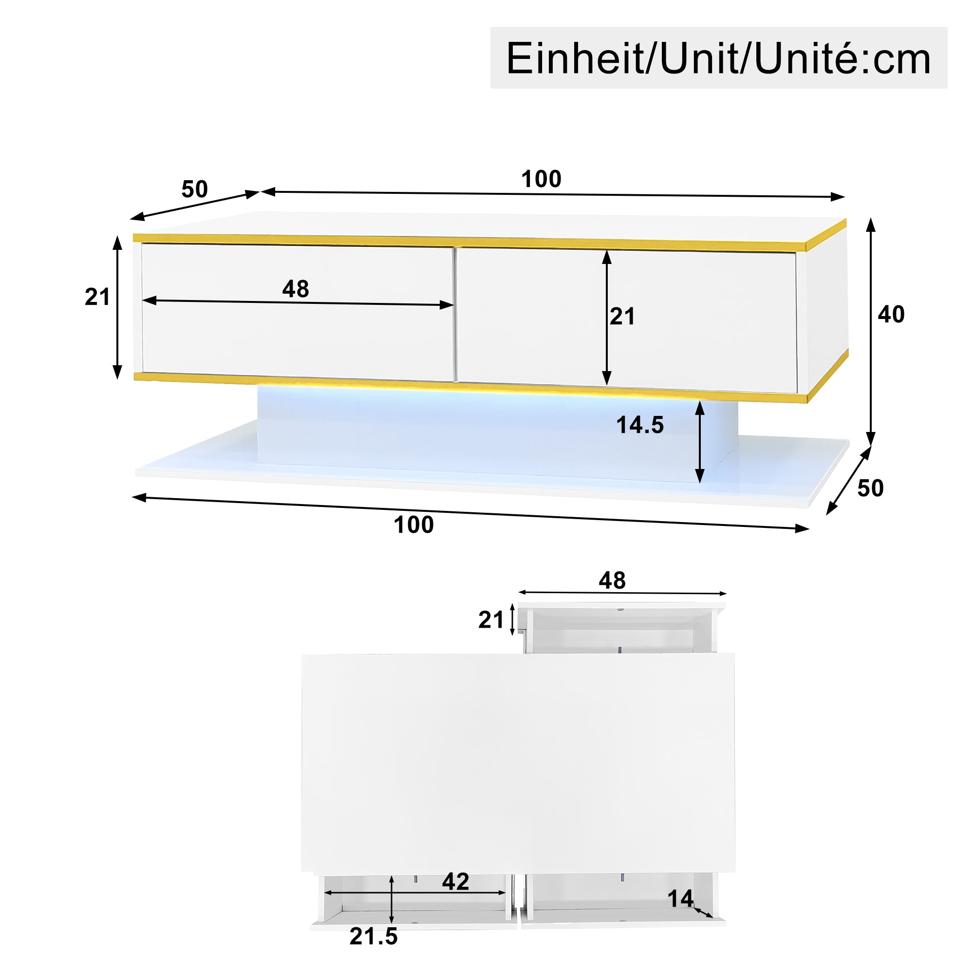 Modern LED Coffee Table 100cm High-Gloss 3 Drawers USB Gold Trim