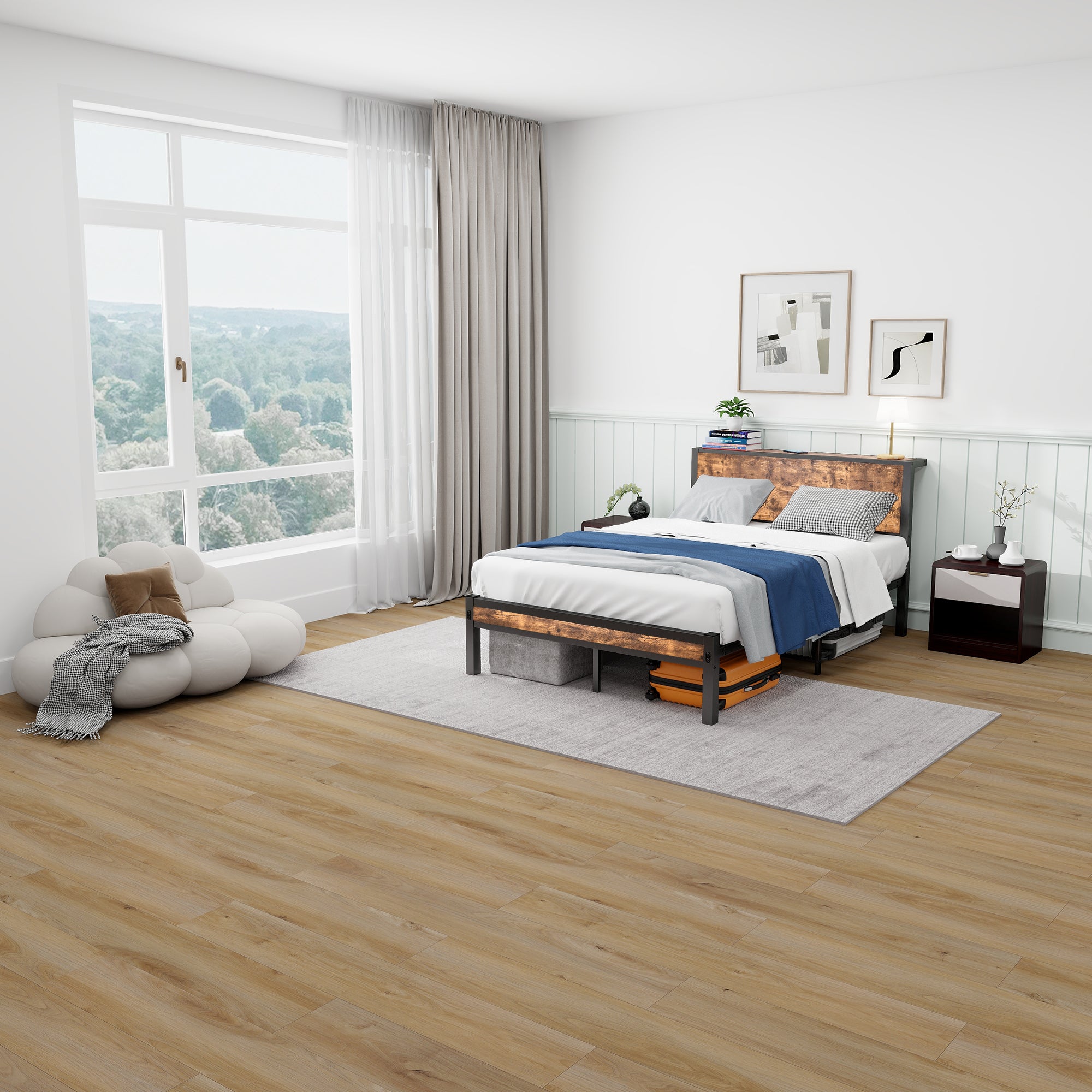 Metal Platform Bed Frame with Storage Headboard, Noise-Free, Vintage Brown