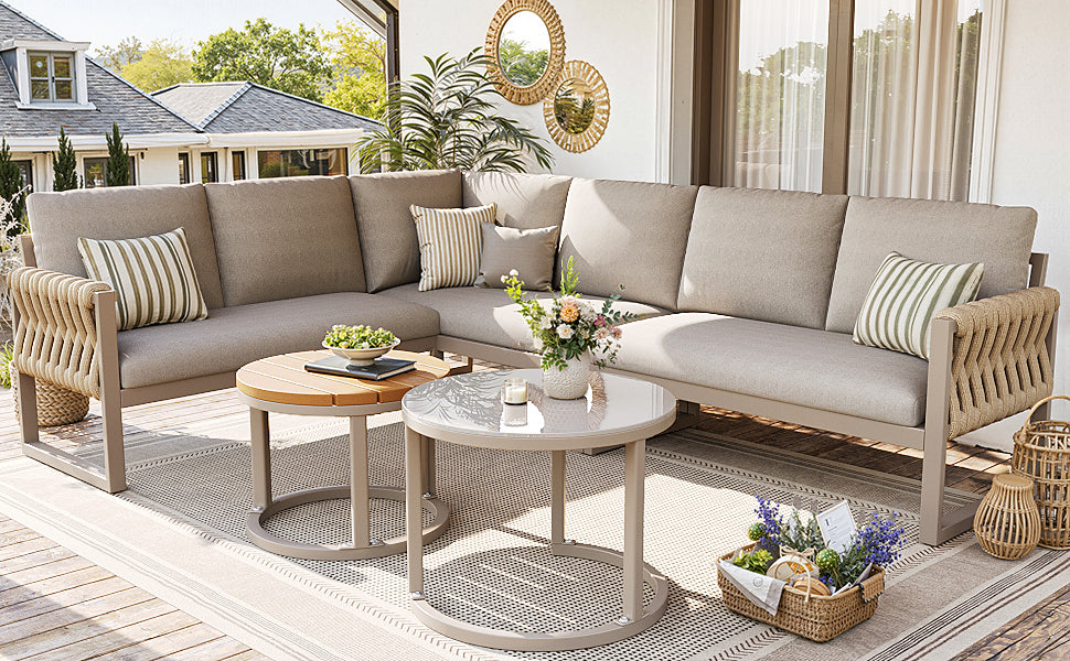 Garden Lounge Set Modular 5-6 Seater Adjustable Legs Water-Repellent Cushions - Beige