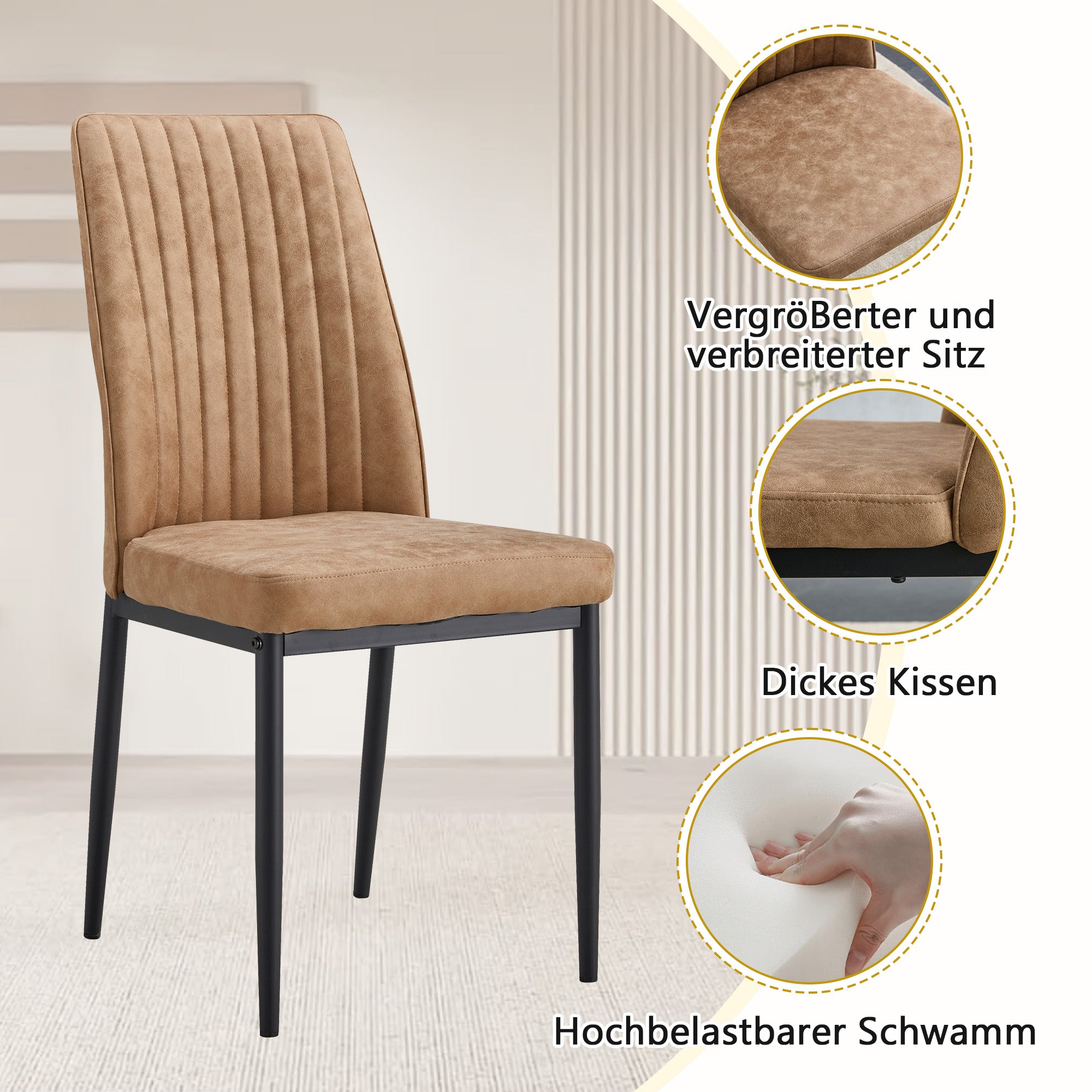 Dining Table Set, Modern Minimalist 85cm Glass Table & 4 Chairs, Brown High-Tech Fabric