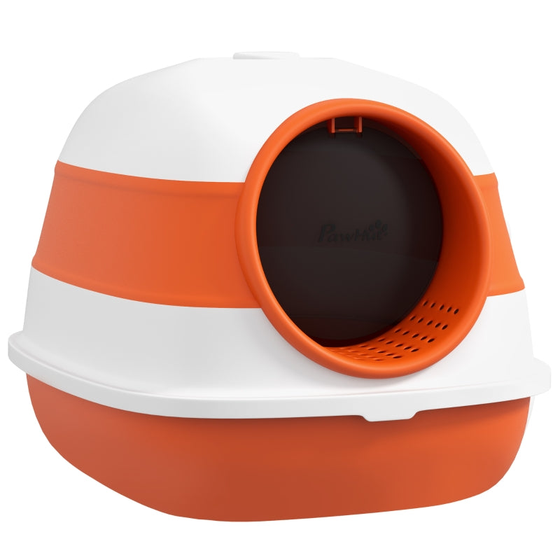 Cat Litter Box, with Lid and Scoop, White/Orange