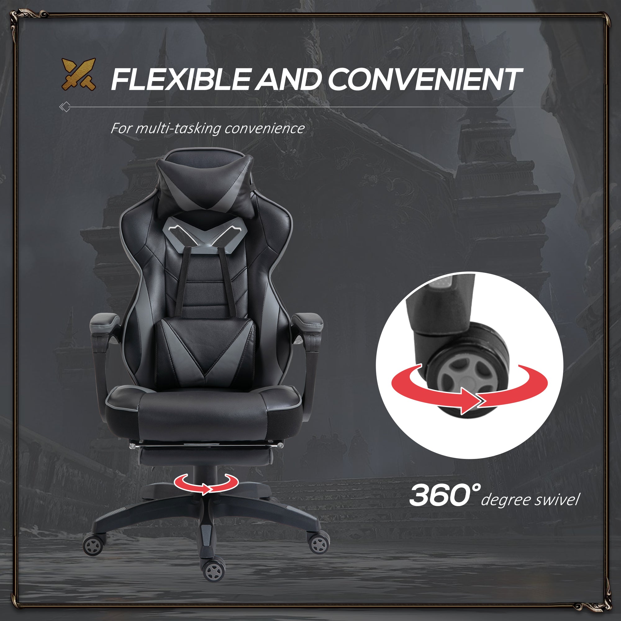 Computer Gaming Chair, Racing Style Lumbar Support Footrest Headrest Swivel Wheels, PU Leather Grey