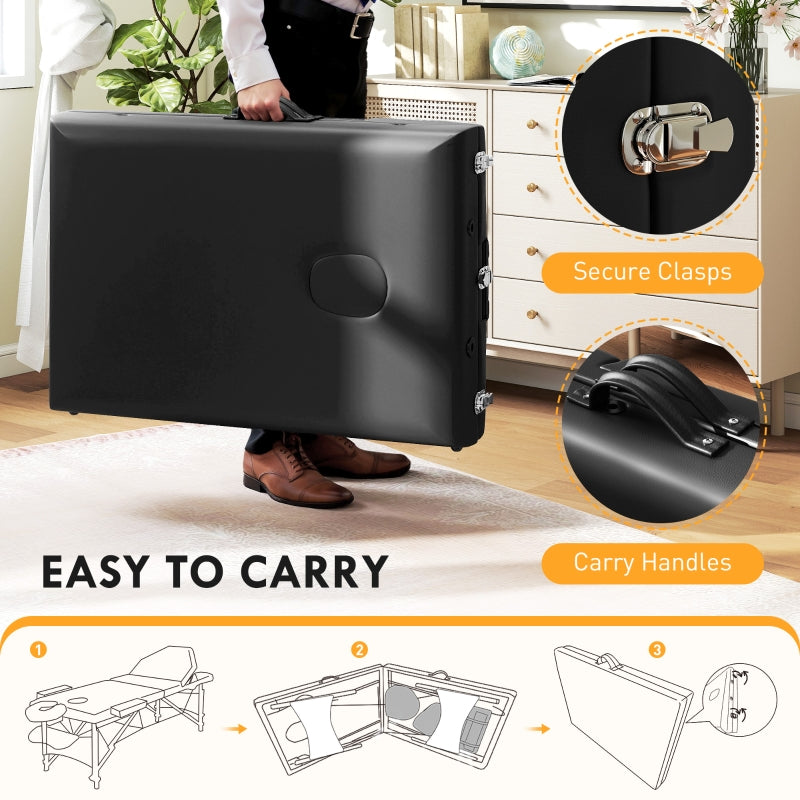 Foldable Massage Table, Beech Wood Legs - Black