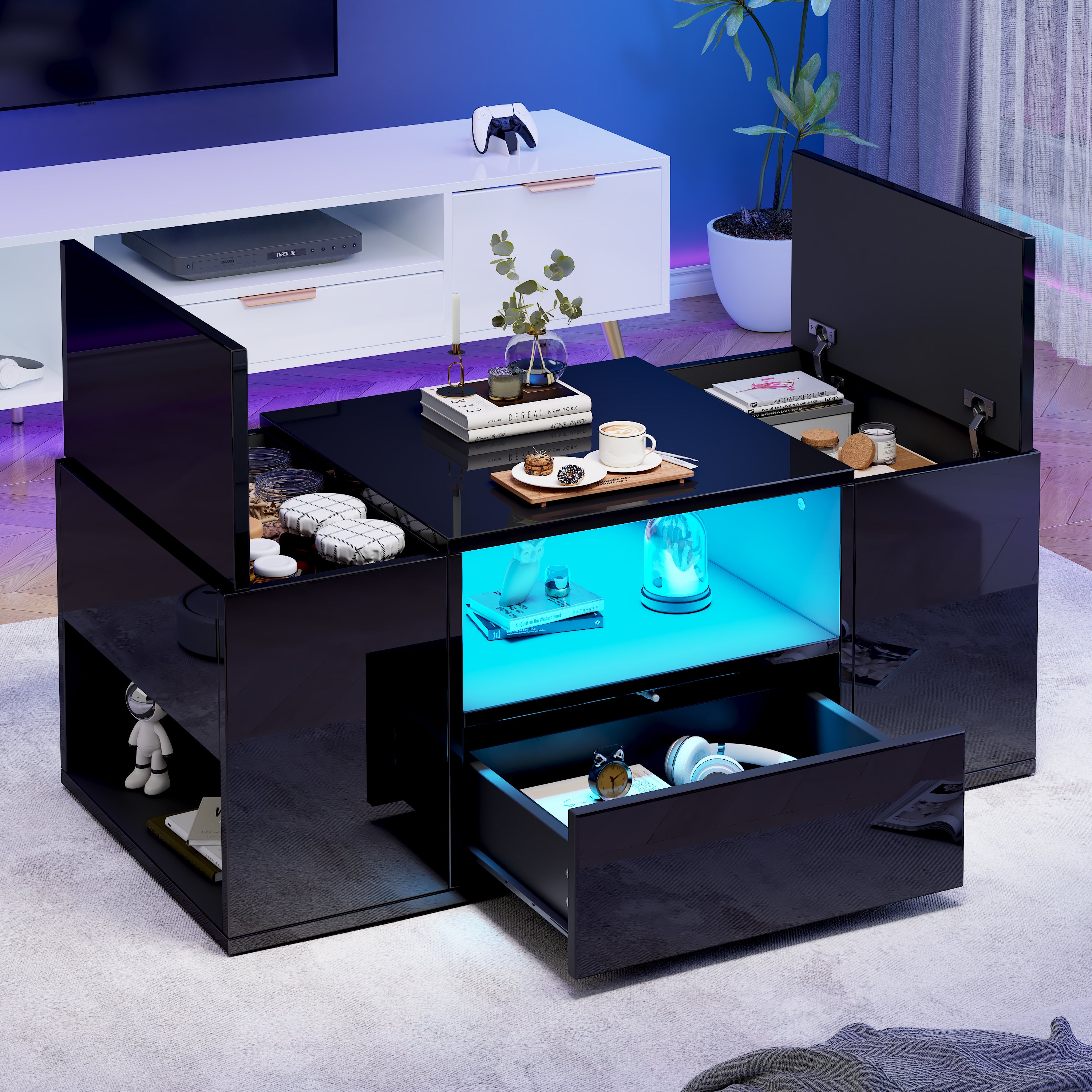 Coffee Table 100x50x40cm High-Gloss LED 1 Drawer 2 Cabinets - Black